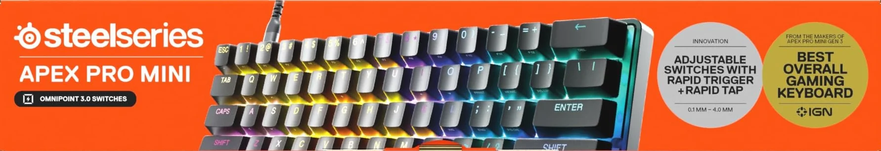 SteelSeries Apex Pro Mini Gen 3 - hipermagnetyczne przełączniki OmniPoint 3.0 – Regulowana aktywacja – Rapid Trigger – Ustawienia gier – Tryb ochrony – Rapid Tap/SOCD – RGB – nakładki z PBT -UK QWERTY
