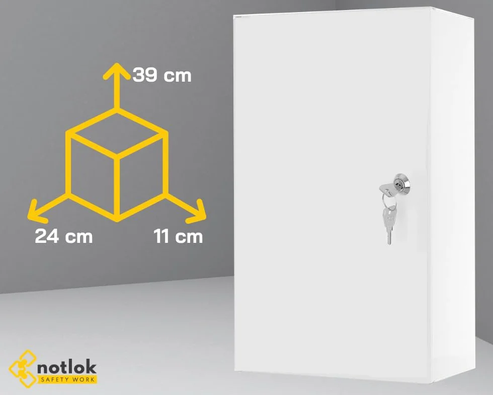 wisząca szafka medyczna + 3 Półki | 2 Klucze | 39x24x11 cm | Szafka na Leki i Pierwszą Pomoc | Stalowa, DIN EN ISO 7010, DIN 67510