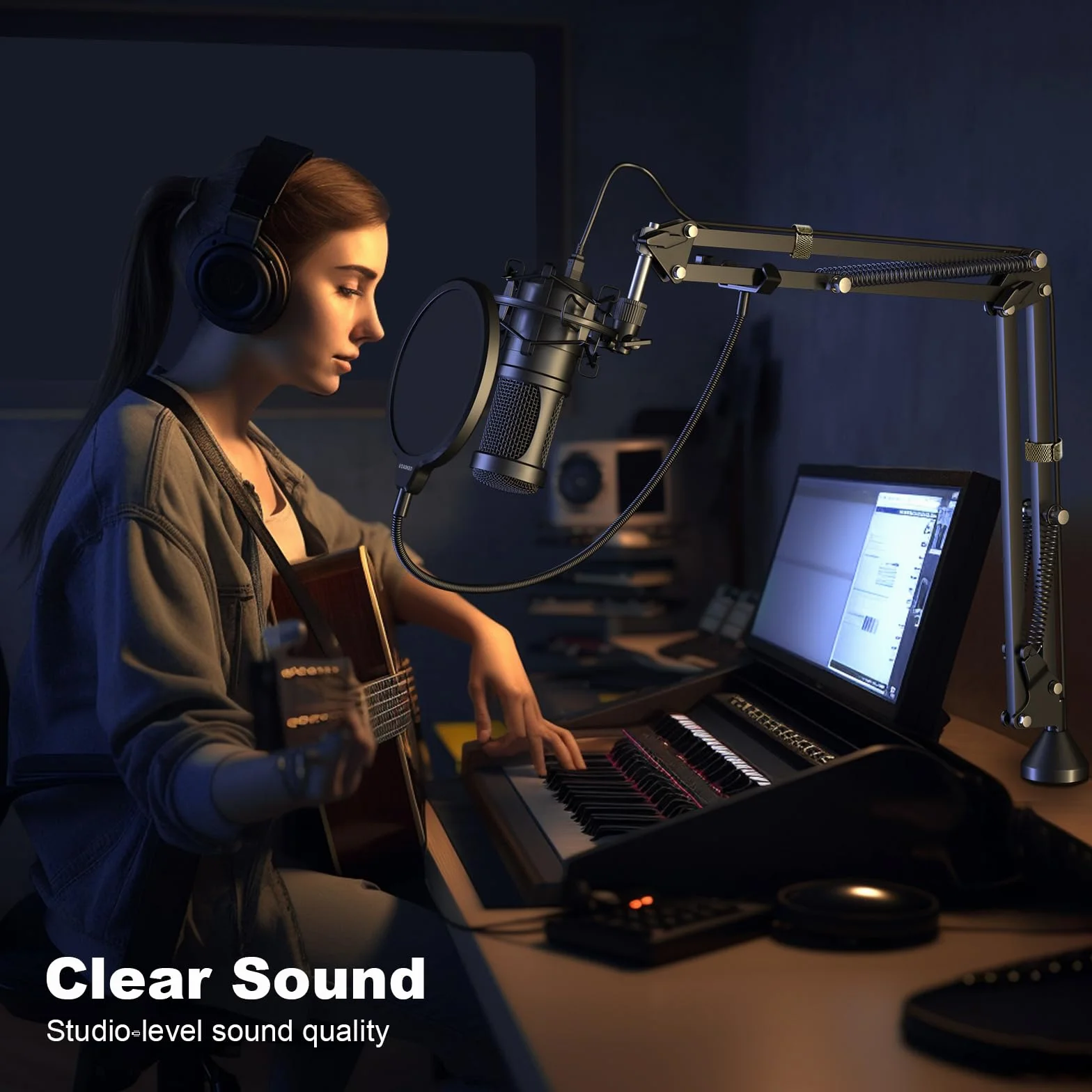 Aokeo AK-60 Mikrofon USB, 192 kHz/24-bit, do gier PC, ze stojakiem na ramię, uchwytem amortyzującym, filtrem pop, osłoną piankową, do podcastów, przesyłania strumieniowego, studia, karaoke, nagrywania