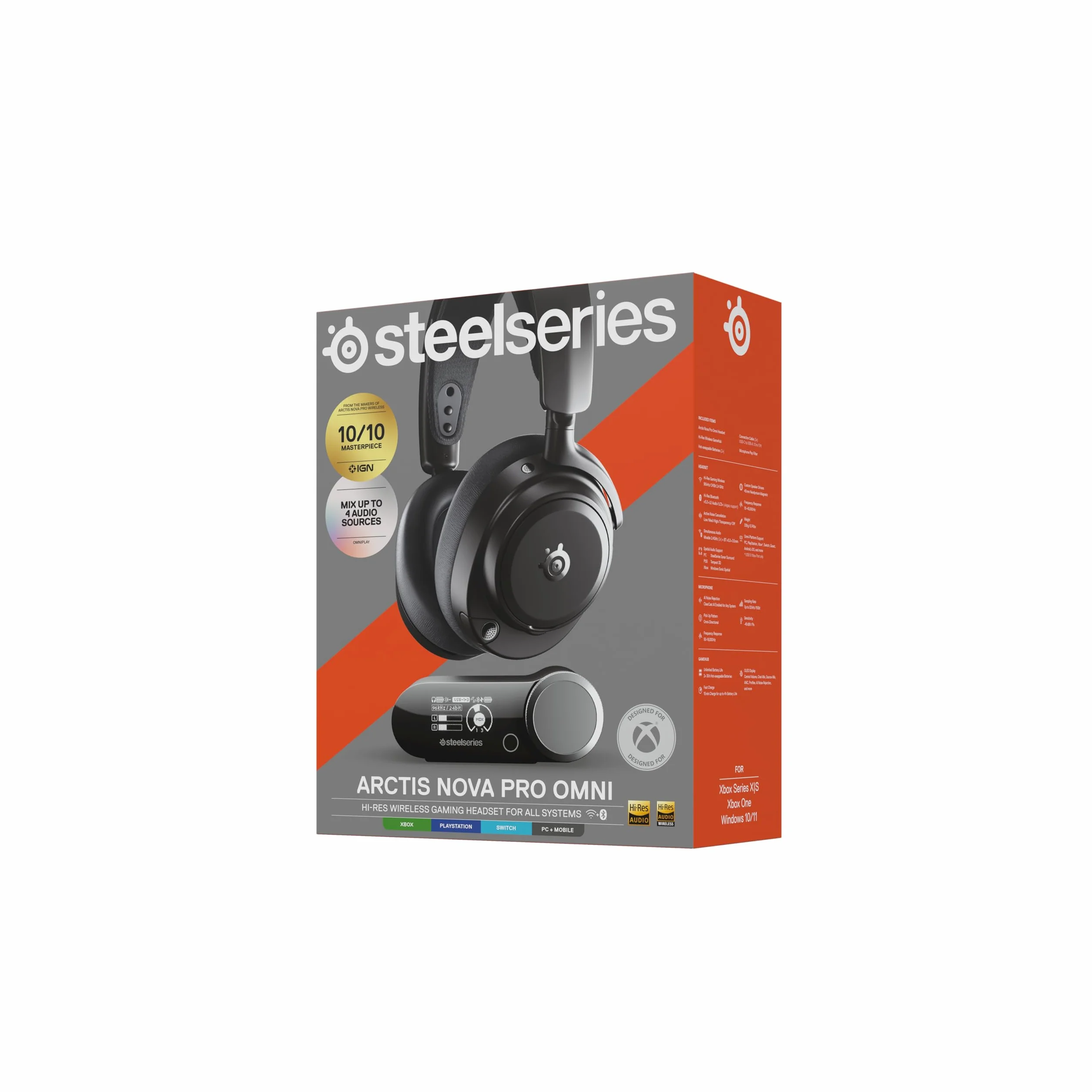 SteelSeries Arctis Nova Pro Omni – Bezprzewodowy dźwięk Hi‑Res, 96kHz/24bit, ANC, mikrofon ClearCast Pro, redukcja szumów AI, aplikacja mobilna, Mix 2,4GHz + BT, OmniPlay PC+PlayStation+Xbox – Grafit