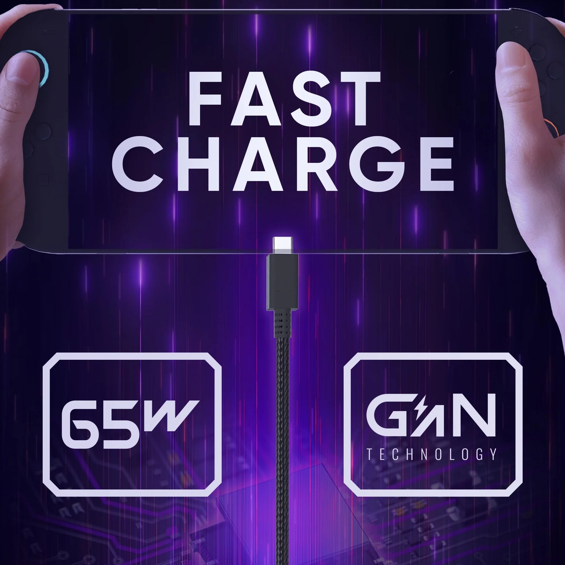 Oniverse Zasilacz AC 65W, podwójny port USB-C i USB-A – Ładowarka do Switch 2, Switch, OLED, Lite, PC, Steam Deck, Android, 1.5 metra, 240V, ładowanie GaN, Odłączany kabel USB-C w oplocie w zestawie