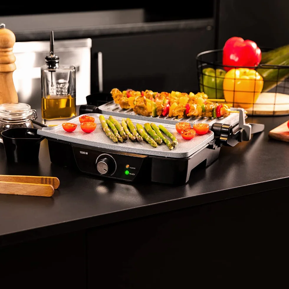 Cecotec Grill elektryczny Rock'nGrill 1500 Kamienna Ceramika Mix&Grill. 1500 W, Grill, Grill, Żelazko i Sandwicher, Powłoka ceramiczna, Mieszane Superfie, Otwarcie 180º, Szuflada zbieracza