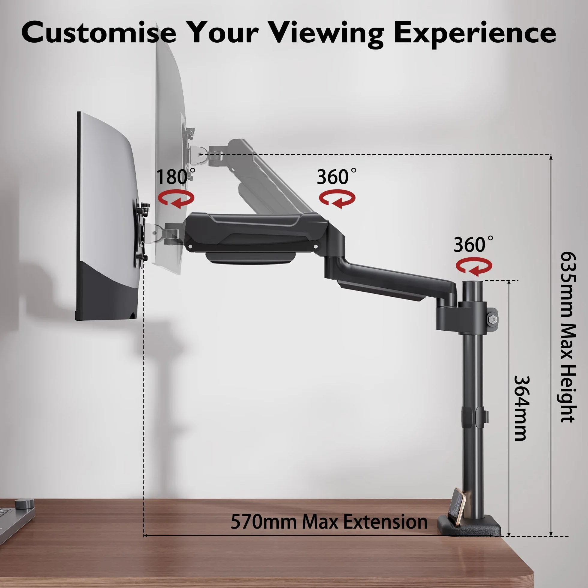 BONTEC Regulowany pojedynczy uchwyt do monitora 13–34 cale, ergonomiczny stojak z ramieniem na sprężynie gazowej i słupkiem, udźwig 9 kg, VESA 75x75mm i 100x100mm