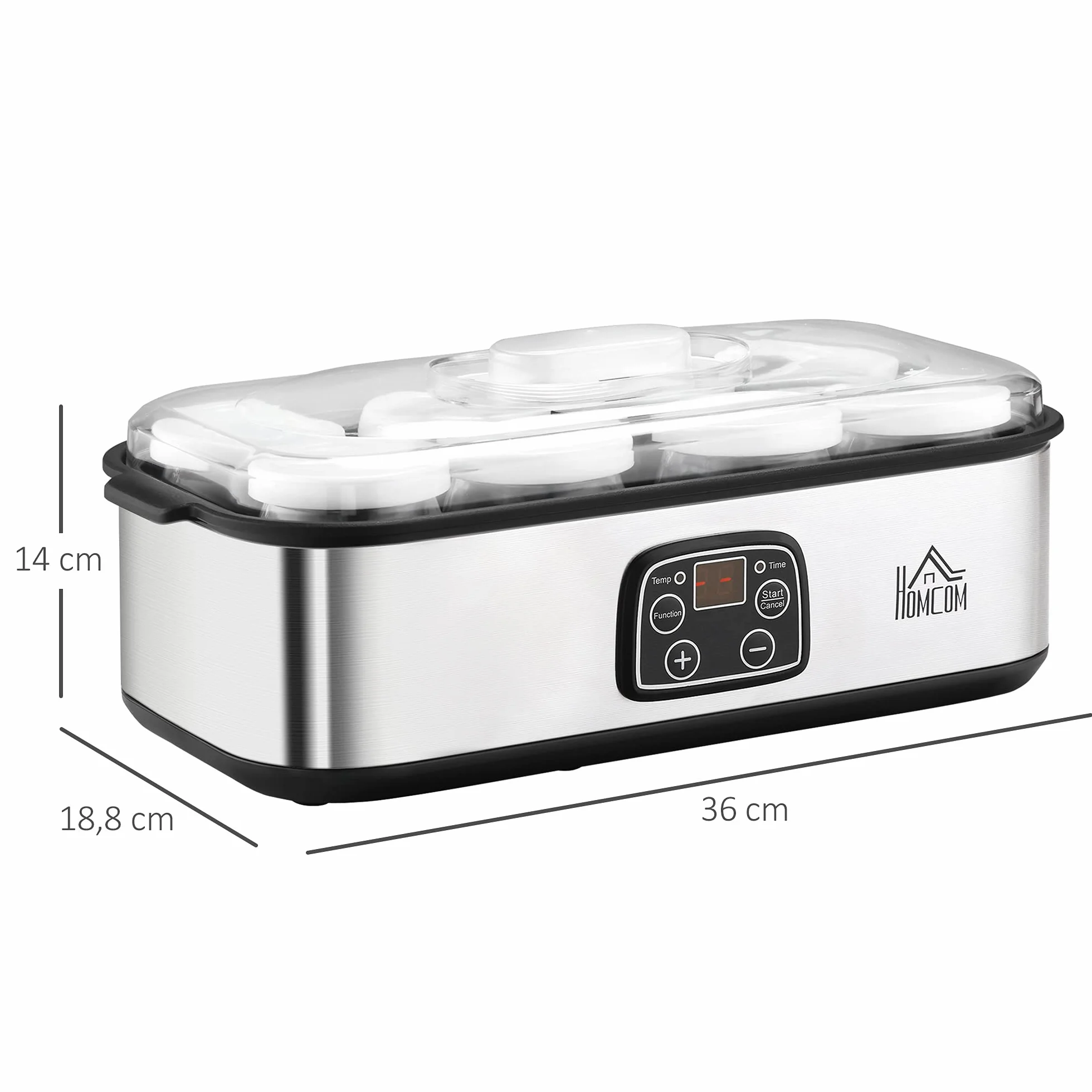 HOMCOM Jogurtownica Cyfrowa 8 Słoików 180 ml Stal Nierdzewna Szkło Srebrna 36x18,8x14 cm