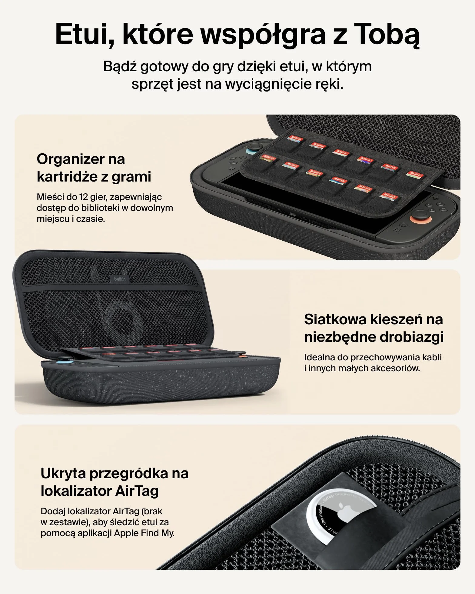Belkin etui ładujące do Nintendo Switch 2 z powerbankiem 10 000 mAh, wyświetlaczem LCD, ładowarką 20 W, uchwytem na AirTag – Antracyt