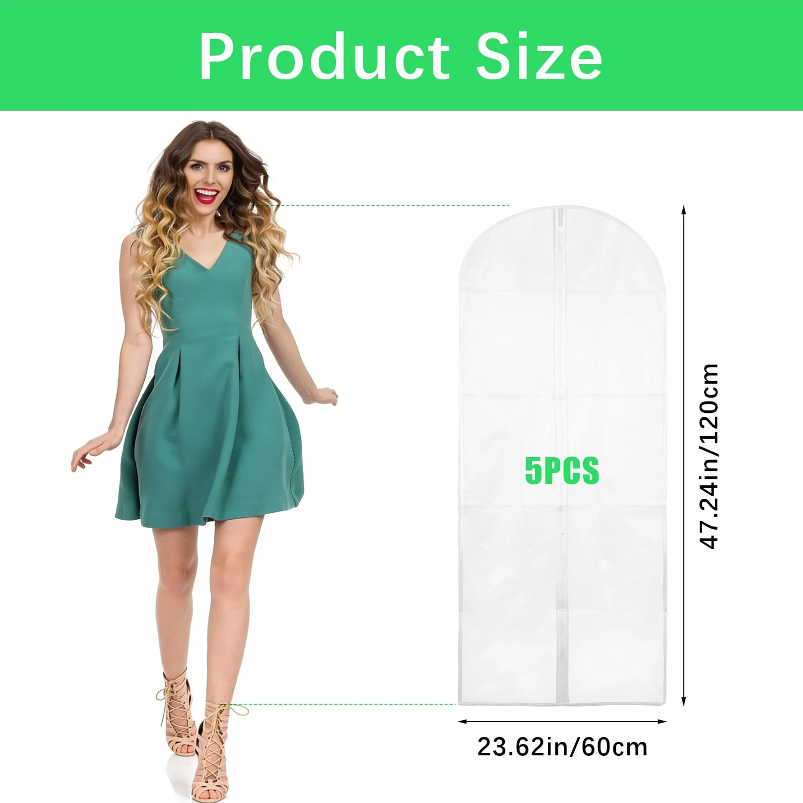 5 szt. worków na ubrania o długości 140 cm x 60 cm, pyłoszczelne worki na ubrania z zamkiem błyskawicznym, pokrowce ochronne PEVA, przezroczyste worki na ubrania, pokrowce ochronne na ubrania