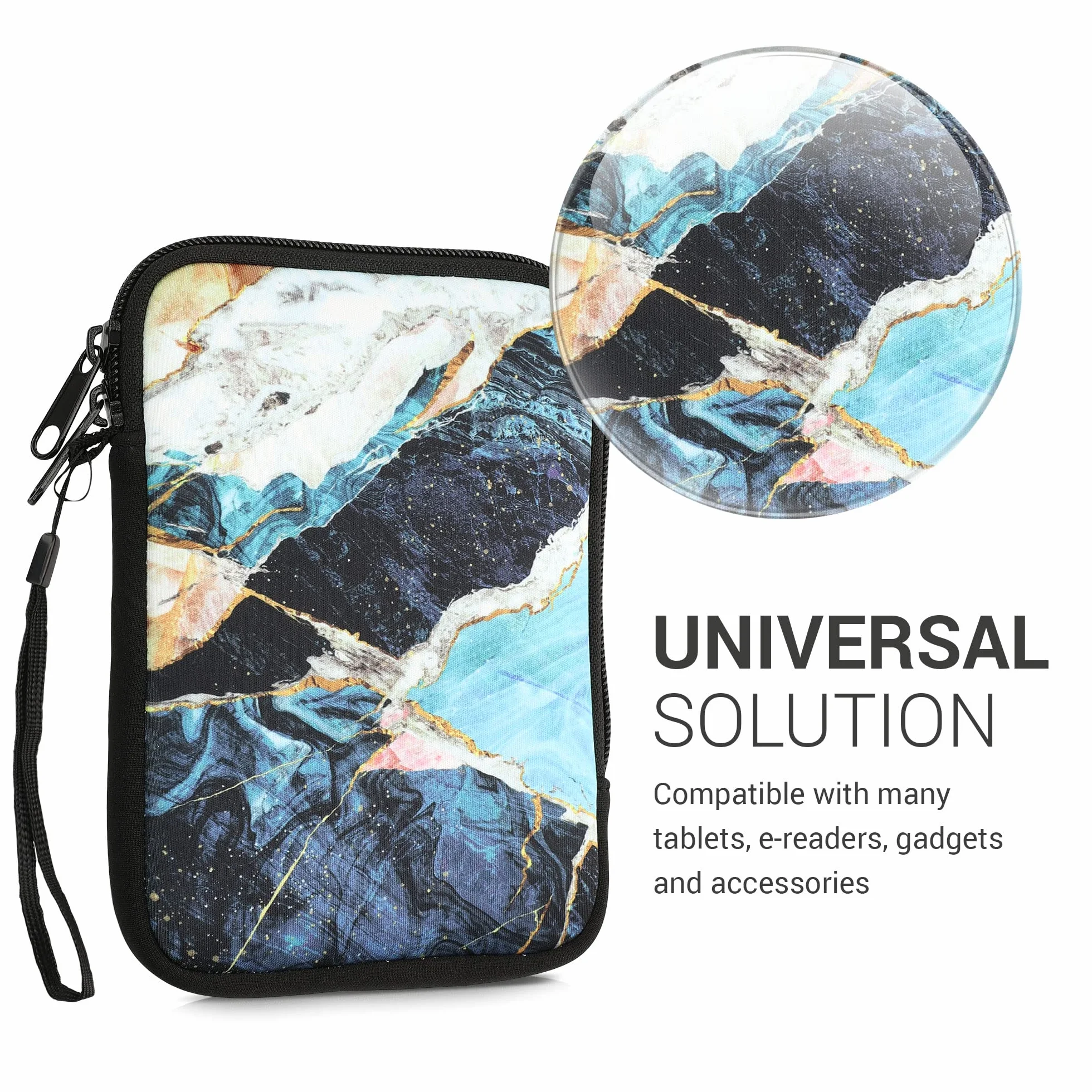 kwmobile Etui na czytnik e-booków - neoprenowe etui ochronne marmur złoty biały niebieski - wymiary wewnętrzne 17 x 12 x 2 cm