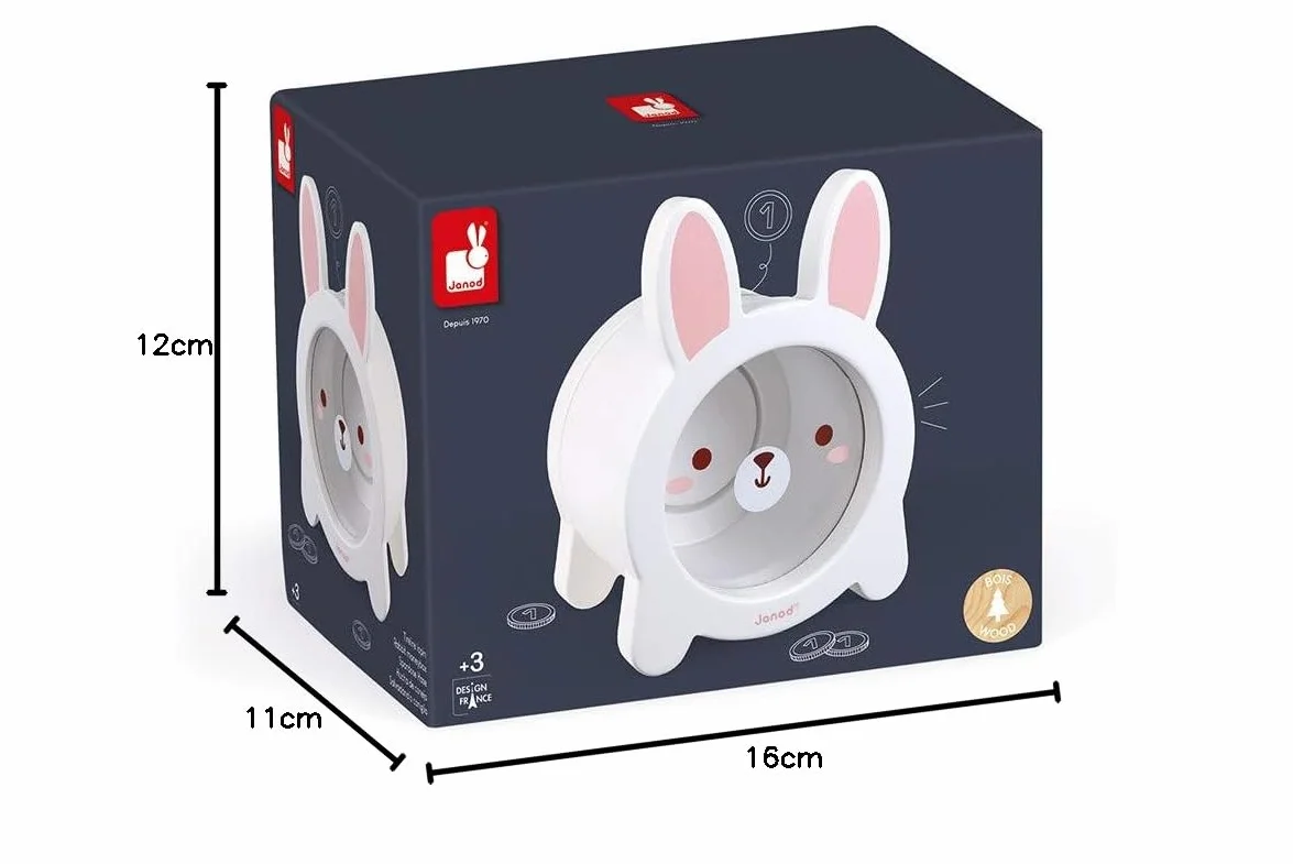 Janod - Rabbit Wooden Children’s Money Box 5.9 inch - See-Through Side and Magnetic Opening - Children's Room Decoration - Suitable for Ages 3 and Up, J04654