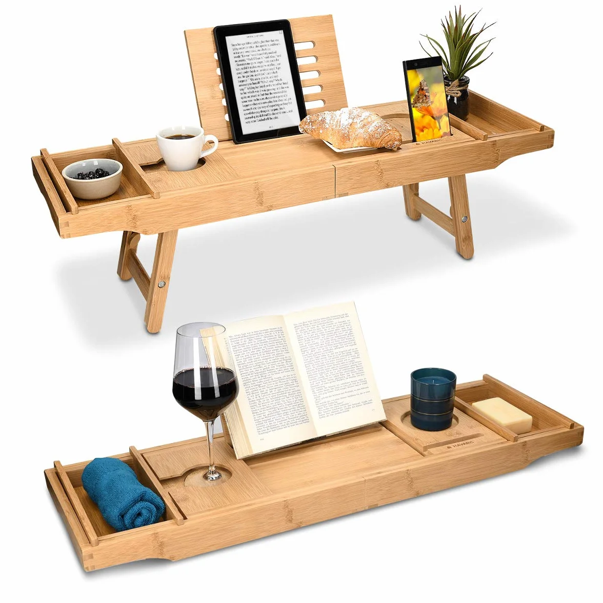 Navaris Bambusowa półka na wannę, taca śniadaniowa, rozszerzalna – na książkę, kieliszek do wina – taca do wanny i łóżka – z drewna, w kolorze brązowym