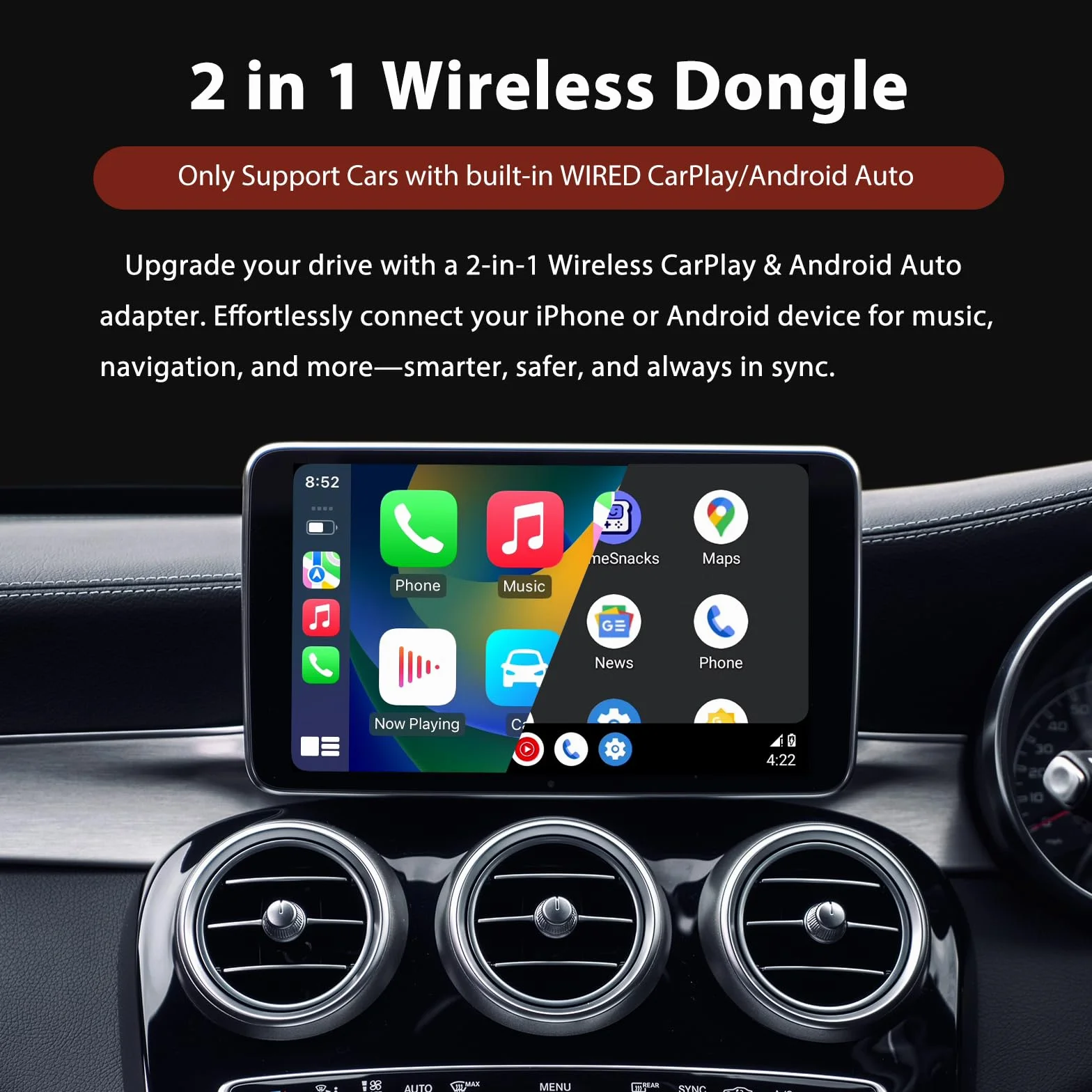 Sunweyer Bezprzewodowy Adapter CarPlay i Android Auto do Samochodów z Łącznością Przewodową | Port USB-A | Plug & Play | Automatyczne Łączenie (Super Mini S31)