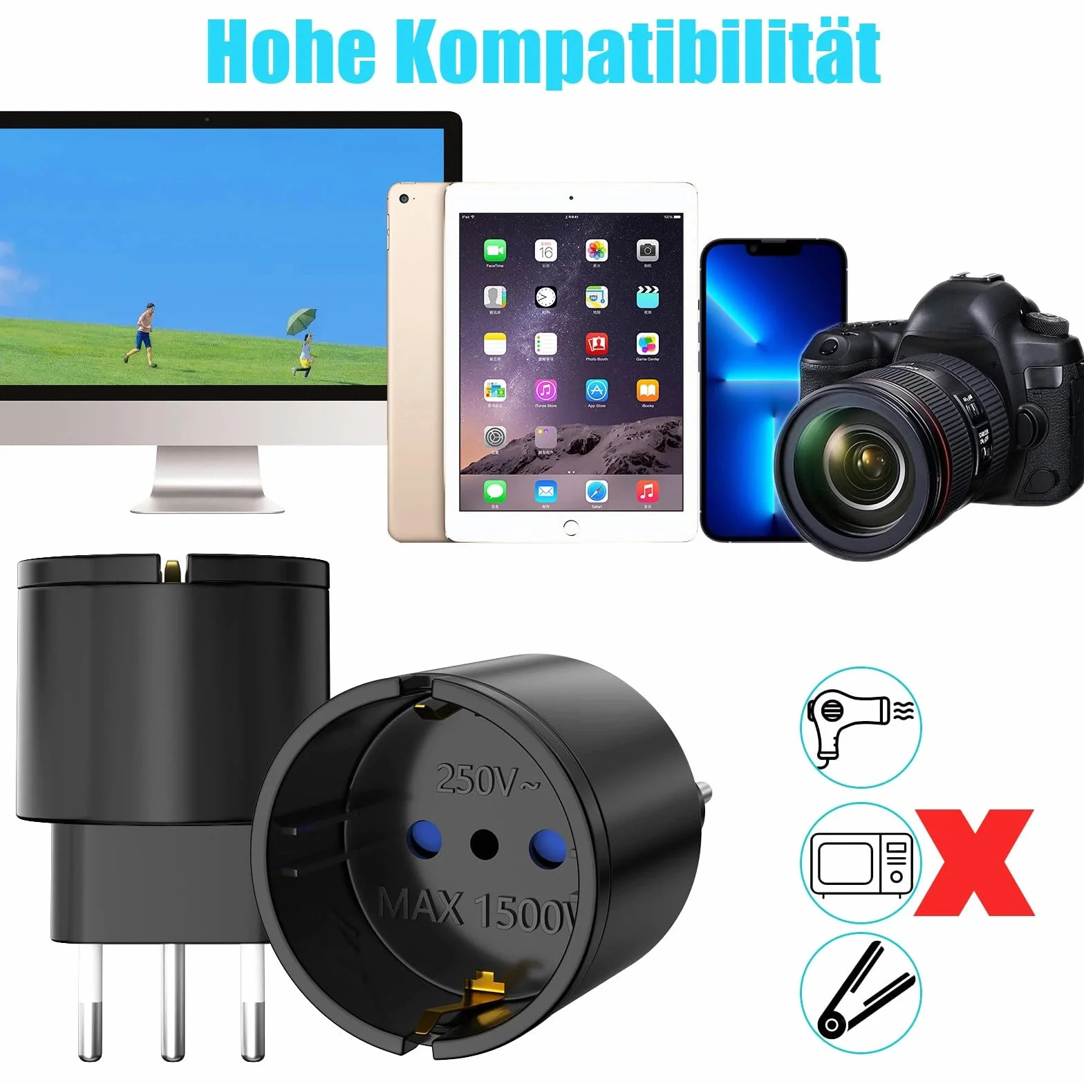 Adapter podróżny, 3-pak Adapter wtyczki podróżnej z DE na IT 2-pinowa wtyczka europejska do 3-pinowej wtyczki włoskiej typu L Adapter Schuko z UE do Włoch Chile Czarny