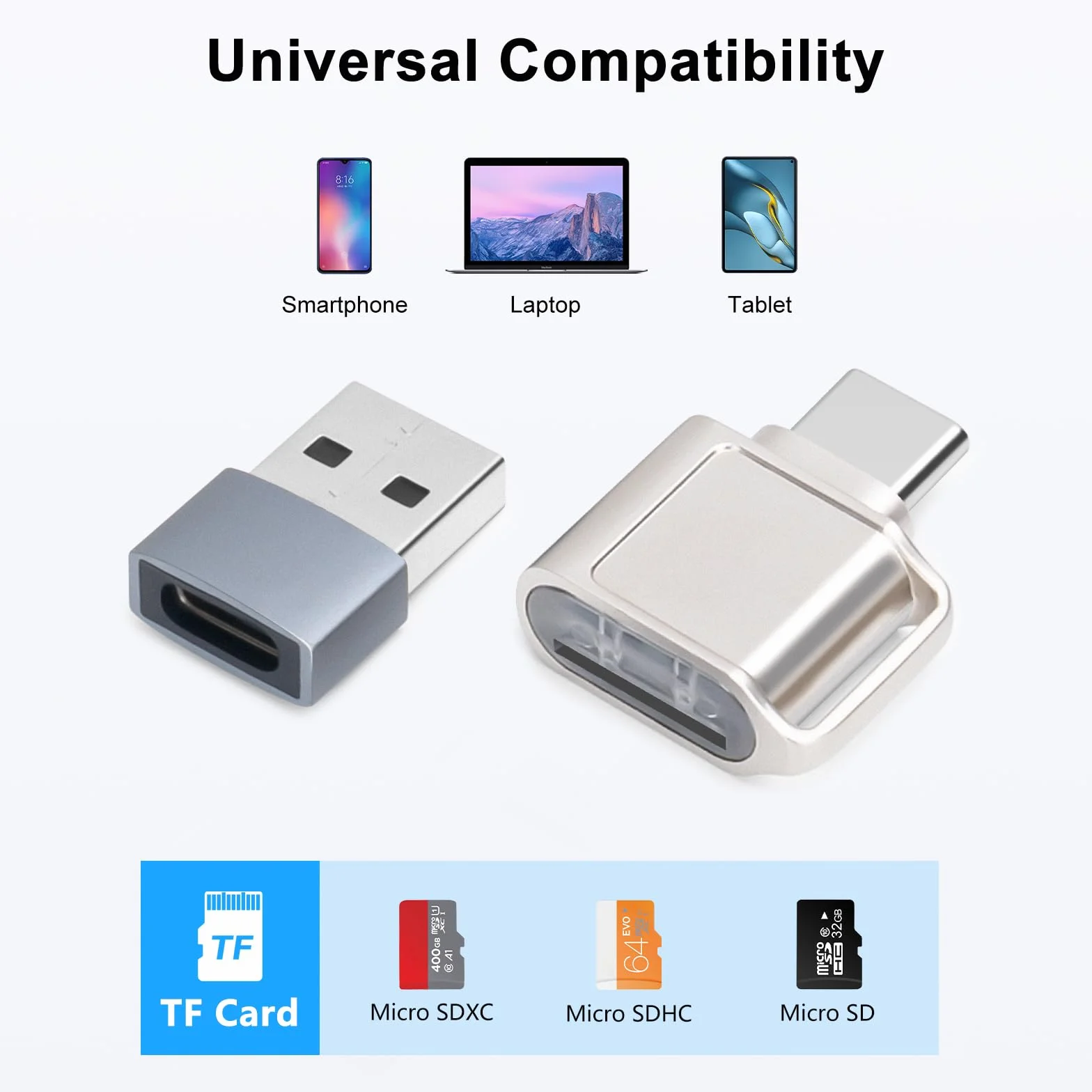 Czytnik kart TF, czytnik kart Micro SD, adapter kart pamięci TF typu C z adapterem USB C na USB kompatybilny z laptopem, MacBookiem, Samsung Galaxy (srebrny)