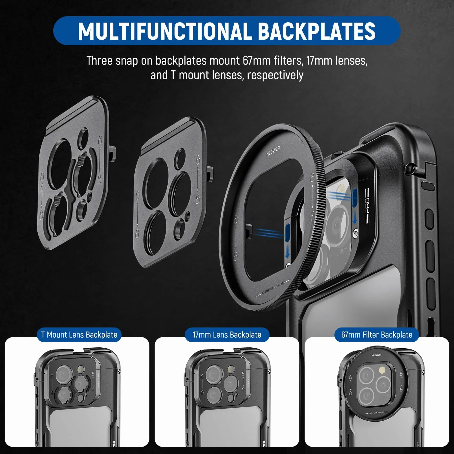NEEWER 16 Pro Cage Quick Release Video Rig Stabilizer kompatybilny z iPhone 16 Pro z 67mm adapterem filtra 17mm tylna płytka obiektywu T mocowanie obiektywu kompatybilny z Moment PA073