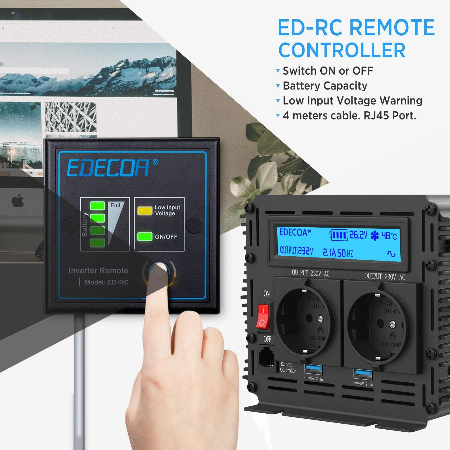 EDECOA 3000W/6000W, Zmodyfikowany Falownik Sinusoidalny 24V/230V, Moc Znamionowa 3000 Watów 24V DC do 230V AC Inwerter Solarny z Pilotem Zdalnego Sterowania, Dostępne Interfejsy USB i Typu-C