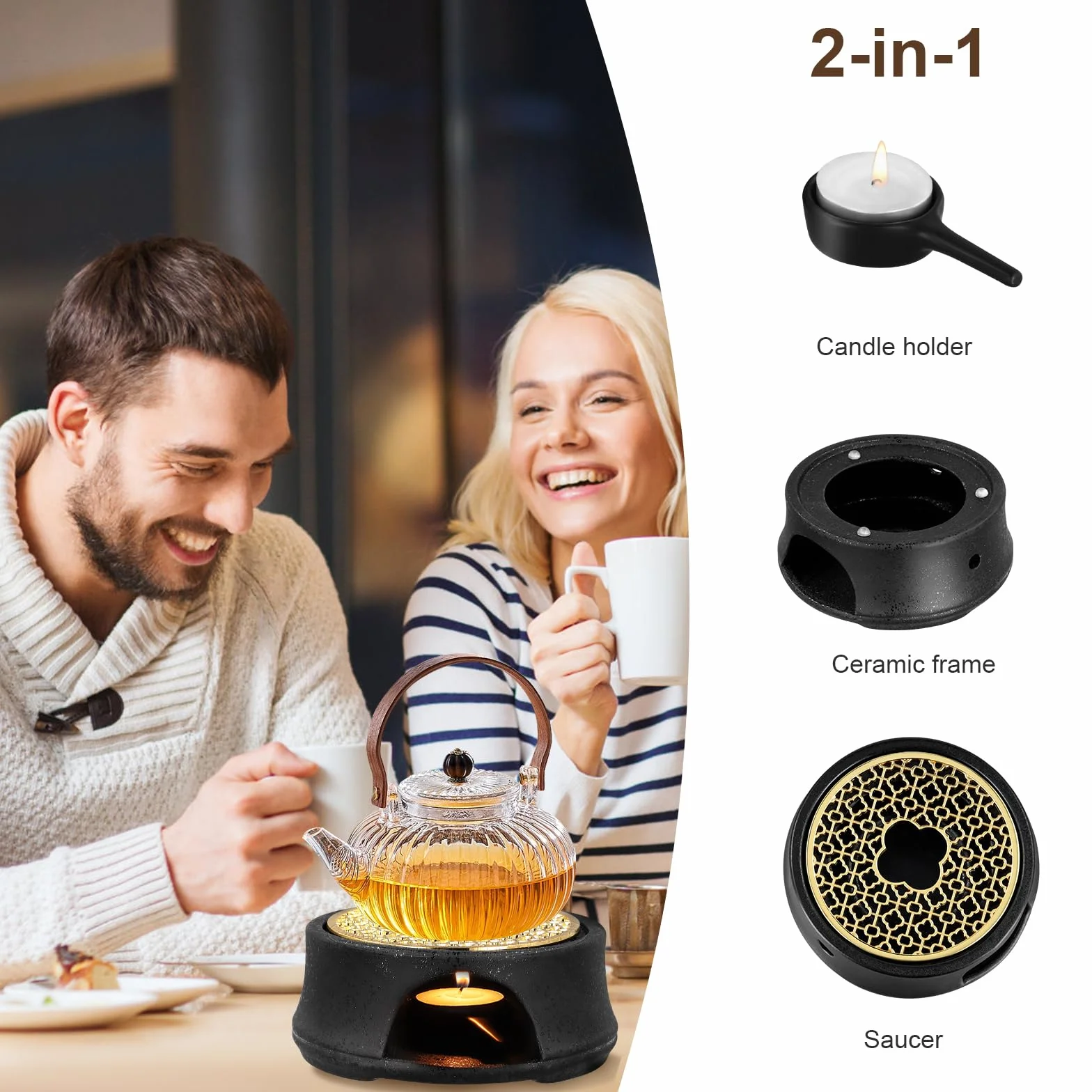 Ceramiczny podgrzewacz do dzbanka do herbaty i kawy z uchwytem na świece grawerowany