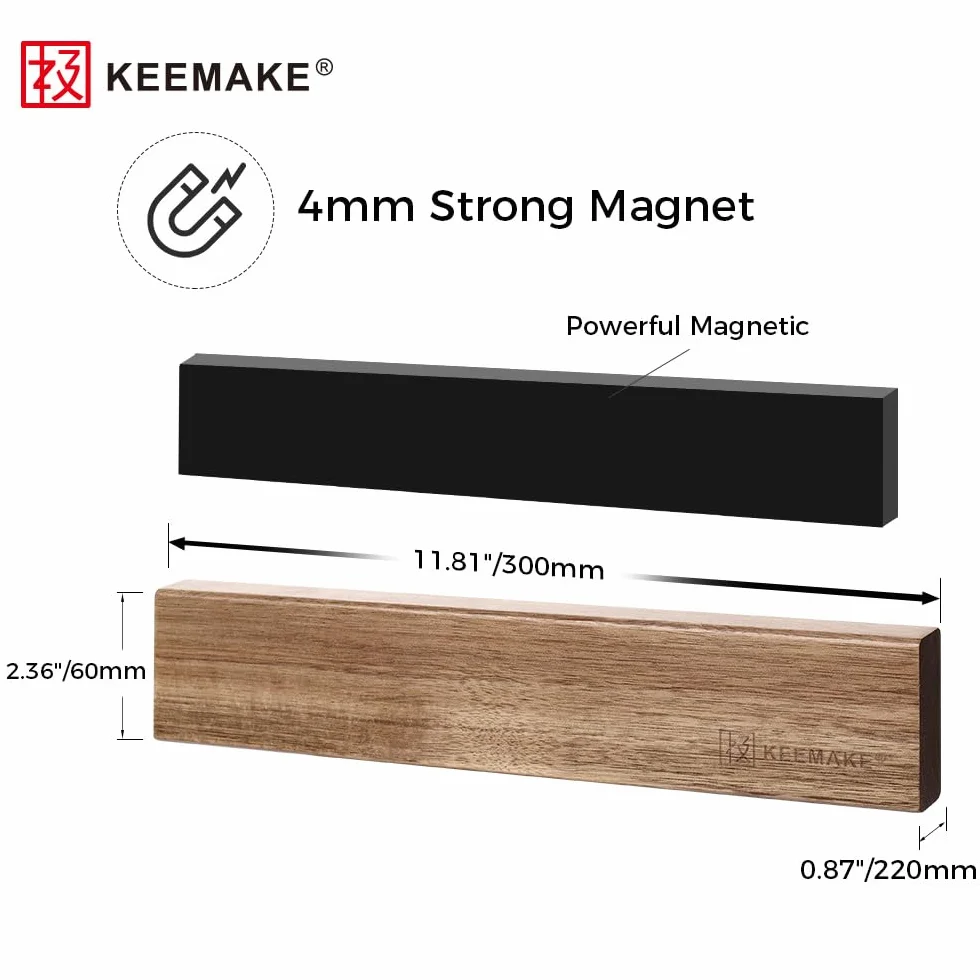 KEEMAKE Magnetyczny stojak na noże 30 cm, magnetyczny uchwyt na noże do ściany z drewna akacjowego, potężny neodymowy magnetyczny pasek na noże kuchenne blok na noże