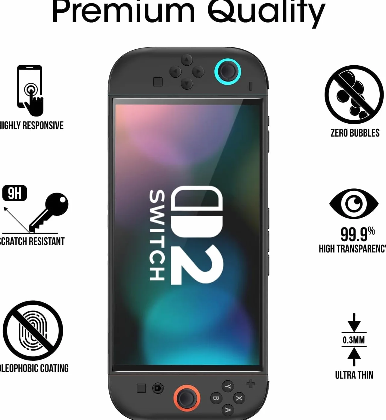 Zestaw 2 Szkieł Ochronnych do Konsoli Nintendo Switch 2 2025, Folia Ochronna na Ekran Ultra HD o Twardości 9H, Odporna na Zarysowania i Zapobiegająca Powstawaniu Pęcherzyków Powietrza