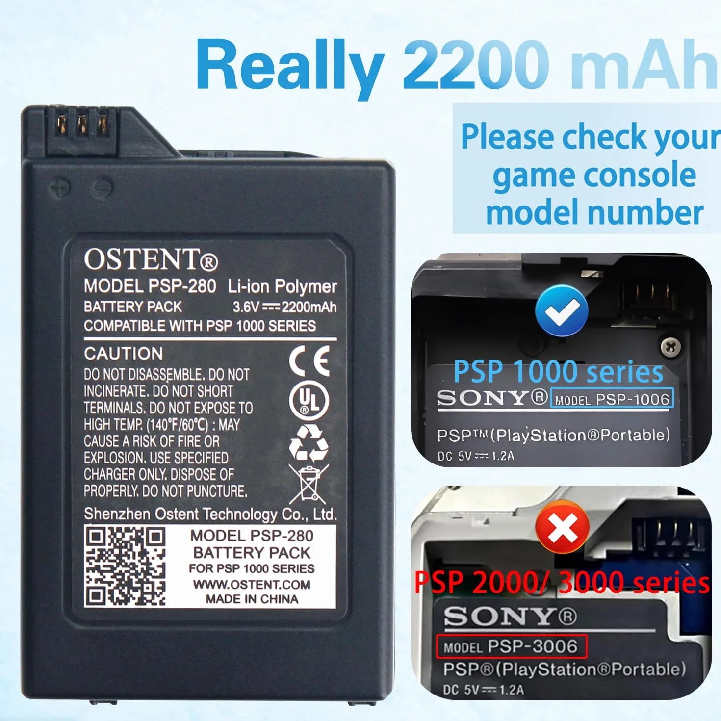 OSTENT 2200mAh 3,6V Li-ion akumulator zamienny dla Sony PSP 1000 PSP-280