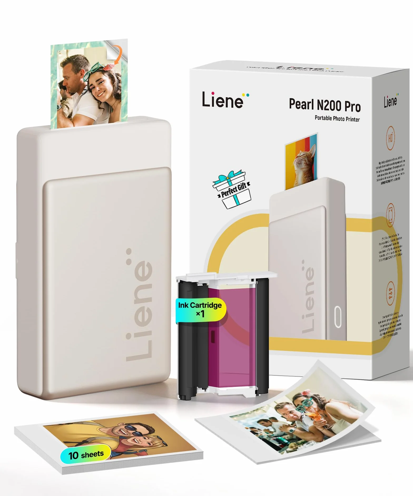Liene Pearl N200 Pro Przenośna mini drukarka do zdjęć z sublimacją barw – w zestawie 10 samoprzylepnych zdjęć (5x7,6 cm) & wstążka barwna, Bluetooth, 300 DPI, natychmiastowy wydruk zdjęć dla iPhone'a