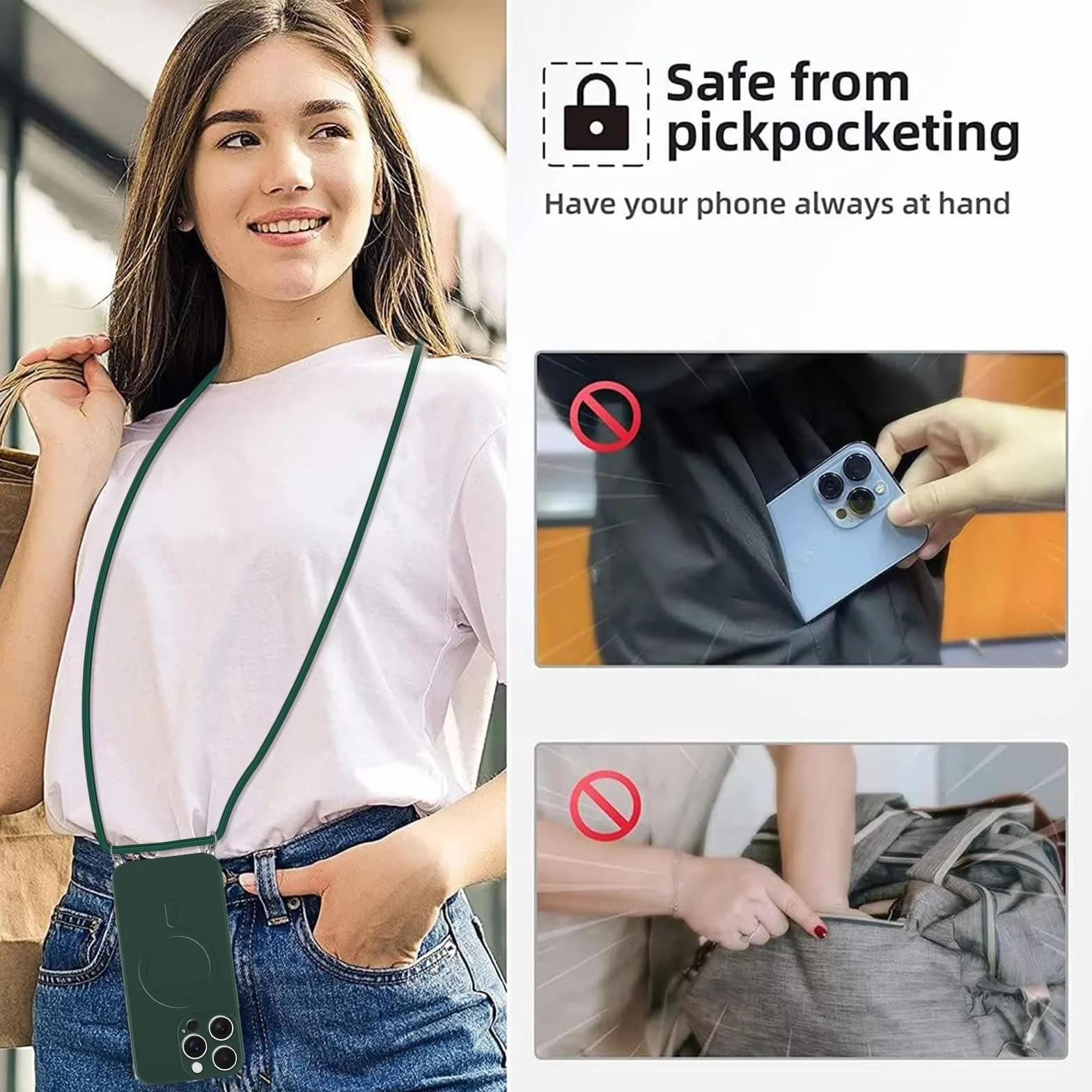 Coiwxmoi Magnetyczne etui do iPhone 16 Pro ze sznurkiem na kołnierz, etui kompatybilne z MagSafe, etui z płynnym silikonem z regulowaną smyczą, zielone
