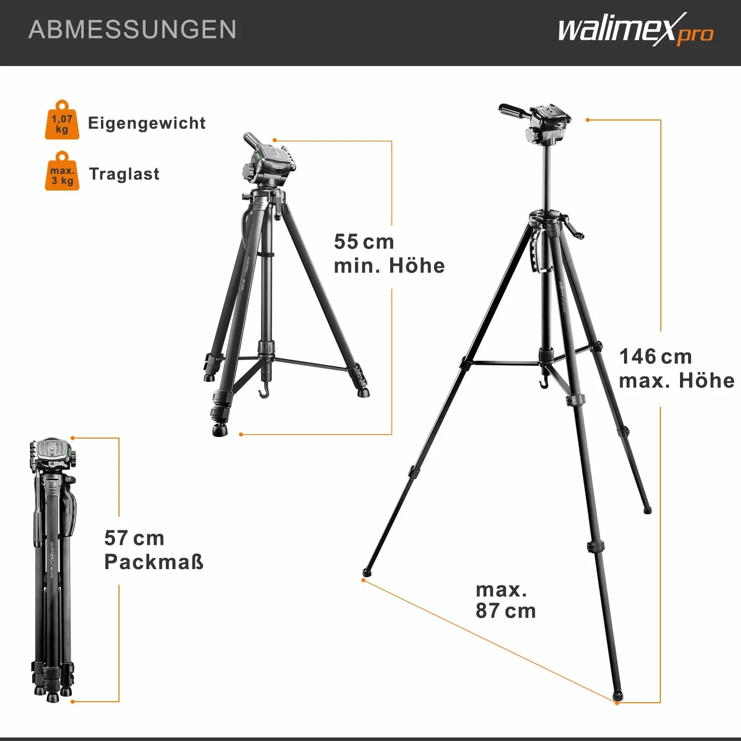 Walimex pro WT-3530 Podstawowy statyw 146 cm, czarny, nośność 3 kg, lekki i stabilny statyw do zdjęć/wideo z 3-kierunkową głowicą panoramiczną, idealny do fotografowania aparatu i telefonu