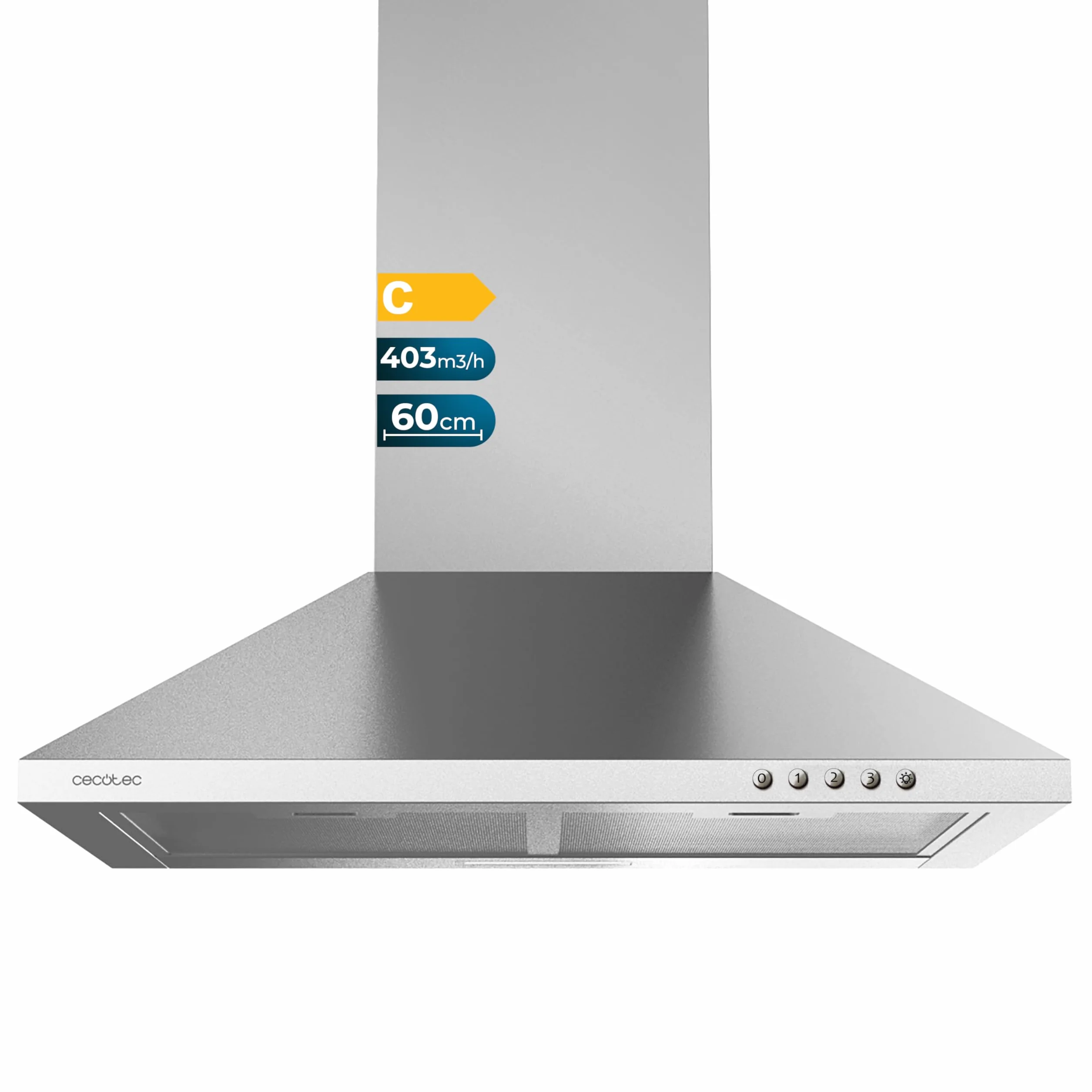 Cecotec Okap kuchenny Flux PM 604300 Inox C. Kształt piramidy, wykończenie ze stali nierdzewnej, moc ssania 403m3/h, silnik 105W, klasa C, sterowanie mechaniczne, 3 poziomy mocy