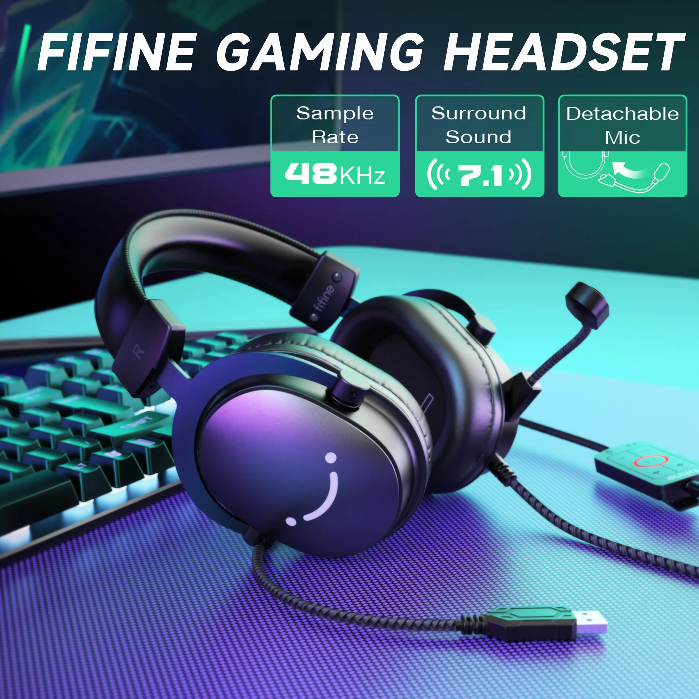FIFINE Zestaw słuchawkowy gamingowy z mikrofonem, słuchawki nauszne z kablem, zestaw słuchawkowy USB do PC PS4 PS5 Xbox Switch, słuchawki RGB z dźwiękiem przestrzennym 7.1 i nausznikami