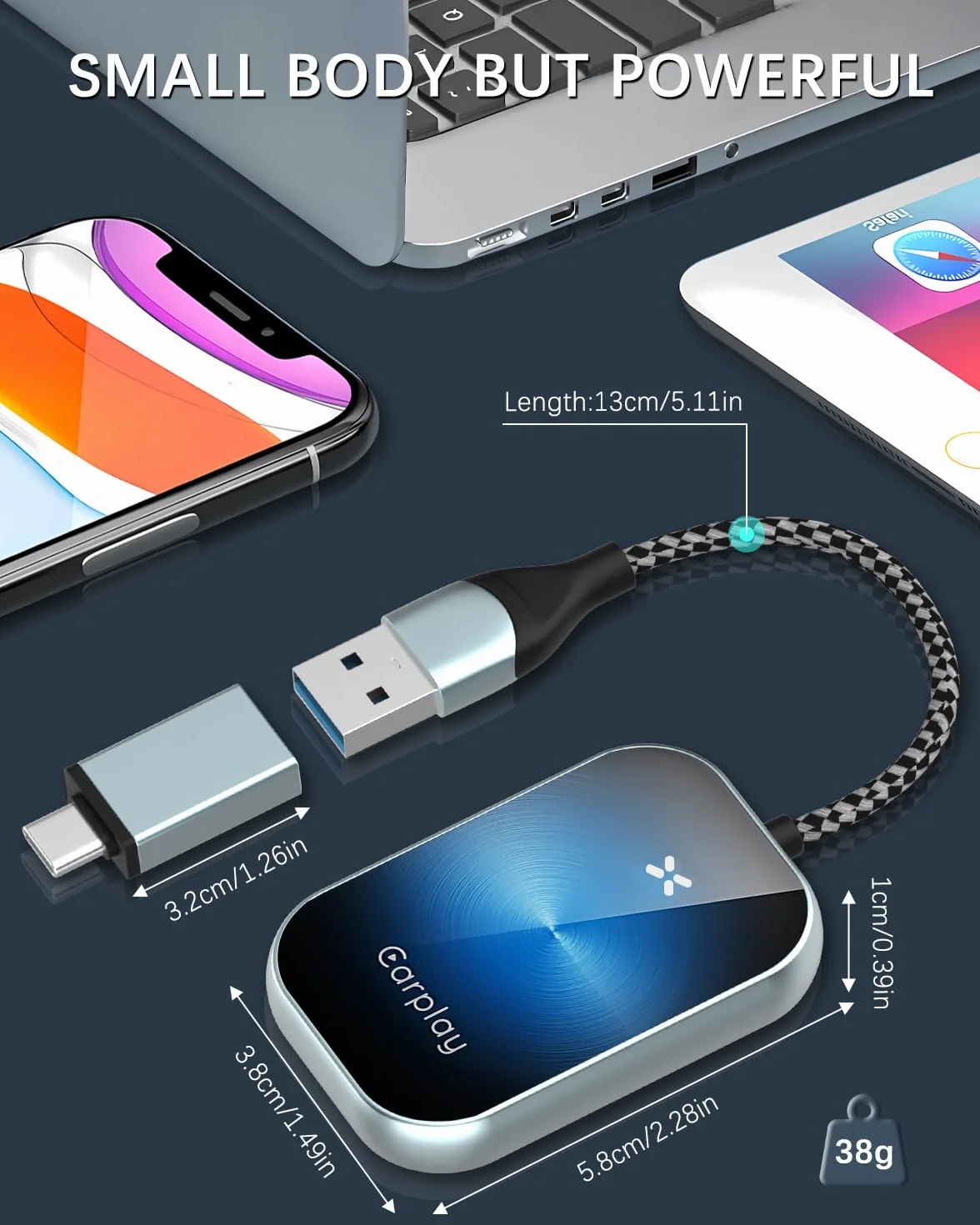 Adapter CarPlay z USB C/A i 5,8 GHz WiFi, umożliwiający konwersję fabrycznego przewodowego CarPlay na bezprzewodowy, funkcja Plug & Play, do samochodów od 2015 roku oraz iPhone z iOS 10+