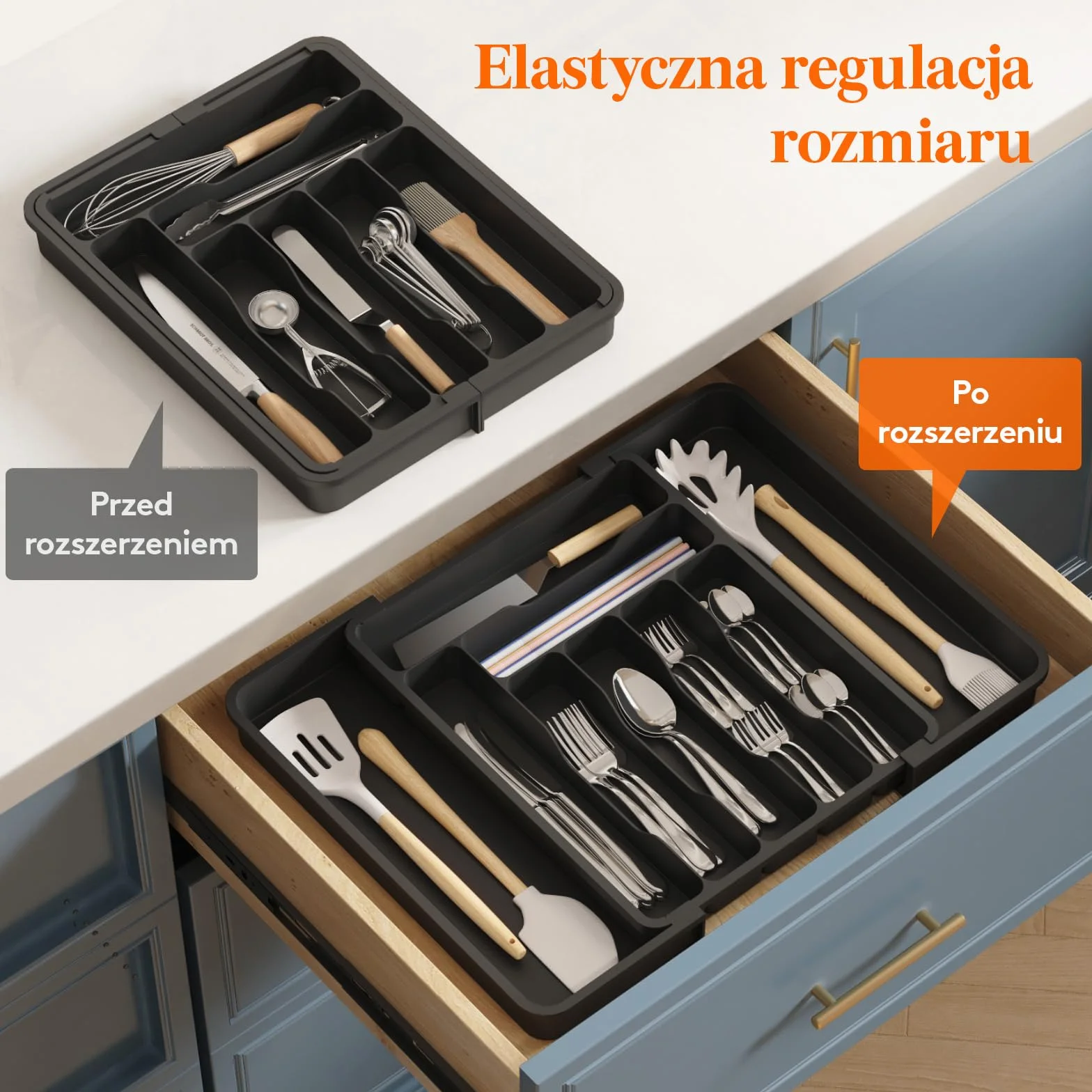 Lifewit Organizer do Szuflady na Sztućce, Wkład do Szuflady, Regulowany Organizer na Przybory Kuchenne, Plastikowy Taca na Sztućce, Szerokość 30-49,8cm, Głębokość 38cm, Czarny