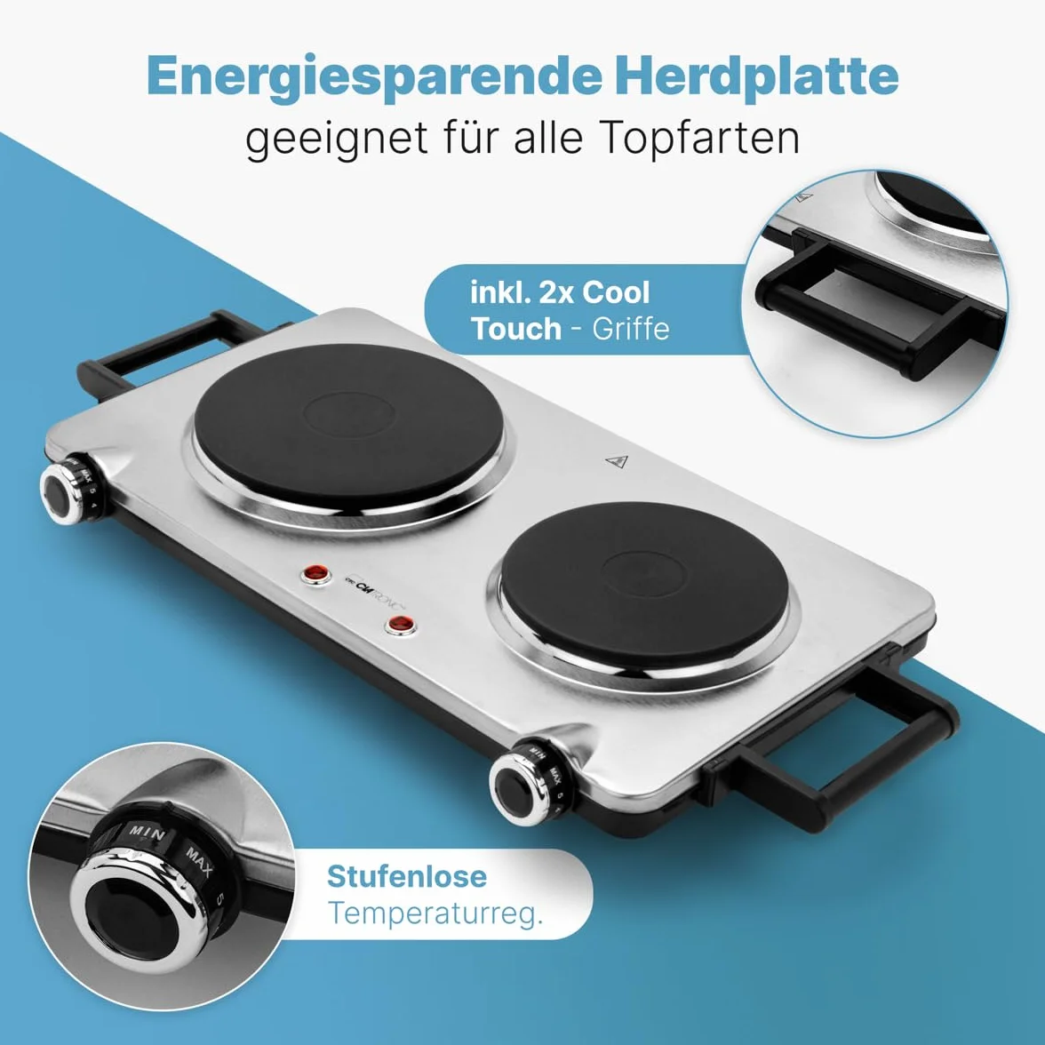 Clatronic DKP 3668 E podwójna płyta grzewcza, stal nierdzewna, 2500 W