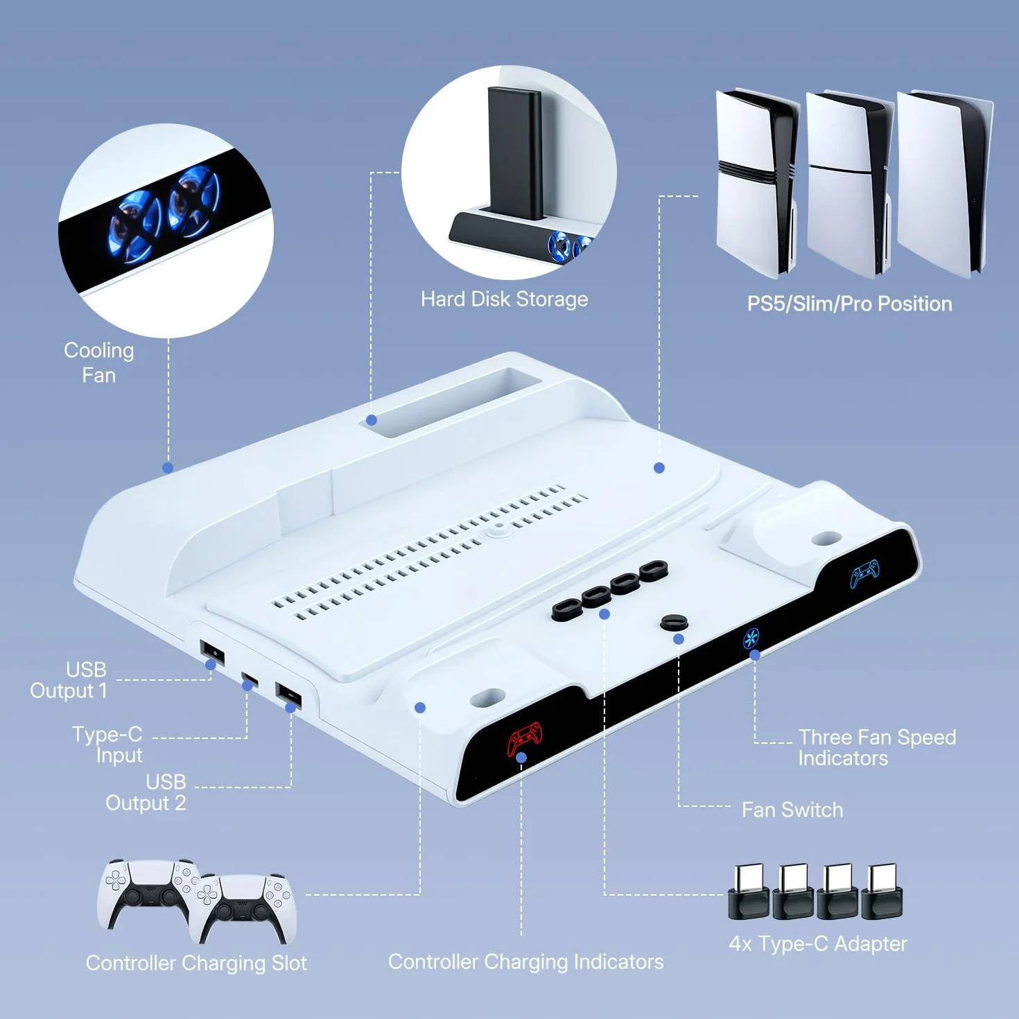 Wigearss Pionowa obsługa chłodzenia PS5 z podwójnym kontrolerem ładowarki do PS5/PS5 Slim/PS5 PRO UHD/edycja cyfrowa