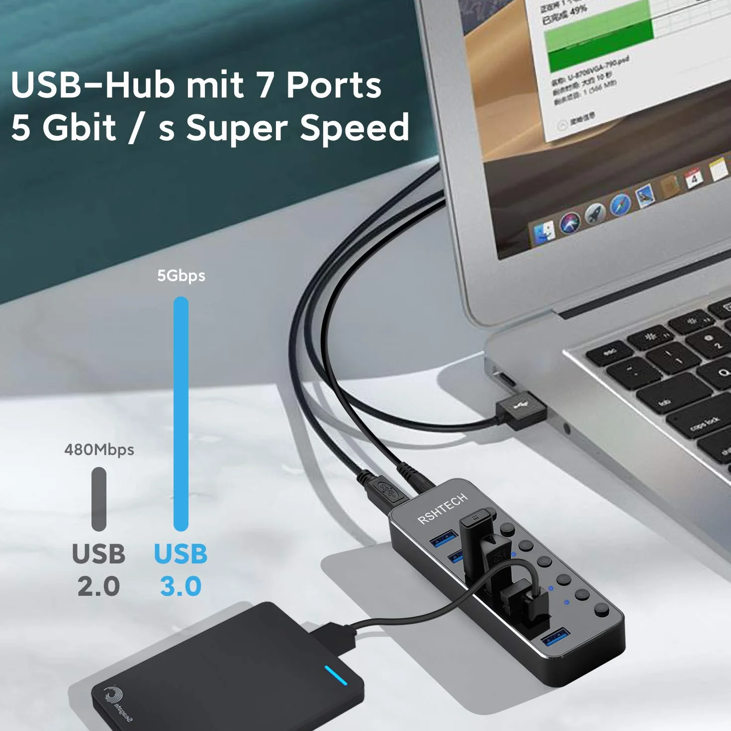 RSHTECH Hub USB 3.0 z 10W Zasilacz Aluminiowy 7 portów USB 3.0 Hub Expander do ładowania i przesyłania danych z adapterem 5V/2A i indywidualnymi włącznikami/wyłącznikami（RSH-518）