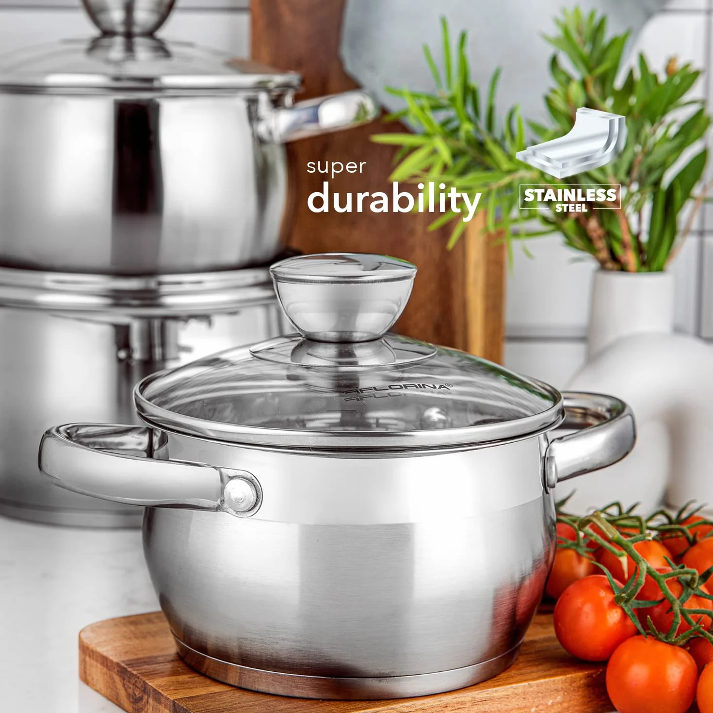FLORINA Oliver Bateria kuchenna ze stali nierdzewnej 8 sztuk Indukcja 4 garnki 4 szklane pokrywki 24 cm 20 cm 18 cm 16 cm Zmywarka