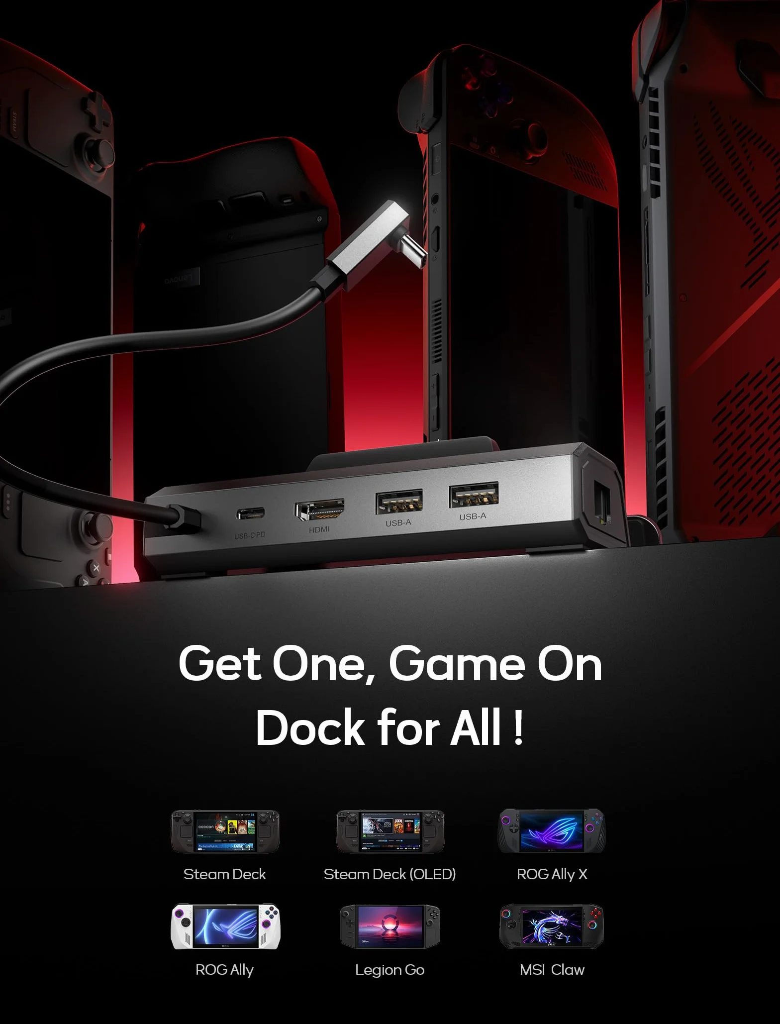 JSAUX Stacja dokująca 5 w 1 45 W HDMI 2.0 4K 60 Hz Ethernet 100 Mb/s USB A 2.0 USB C 100 W do Steam Deck ROG Ally