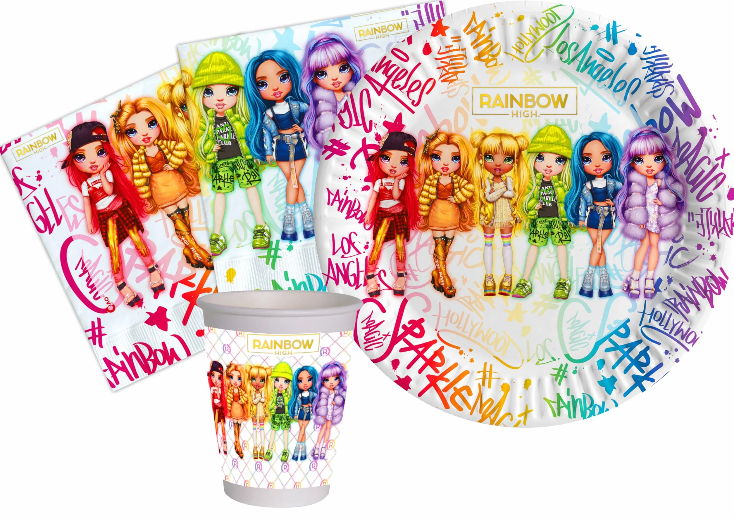 Ciao AZ025 Rainbow High Zawartość 8 naczyń Ø18cm 8 szklanek 200ml 20 serwetek 33x33cm