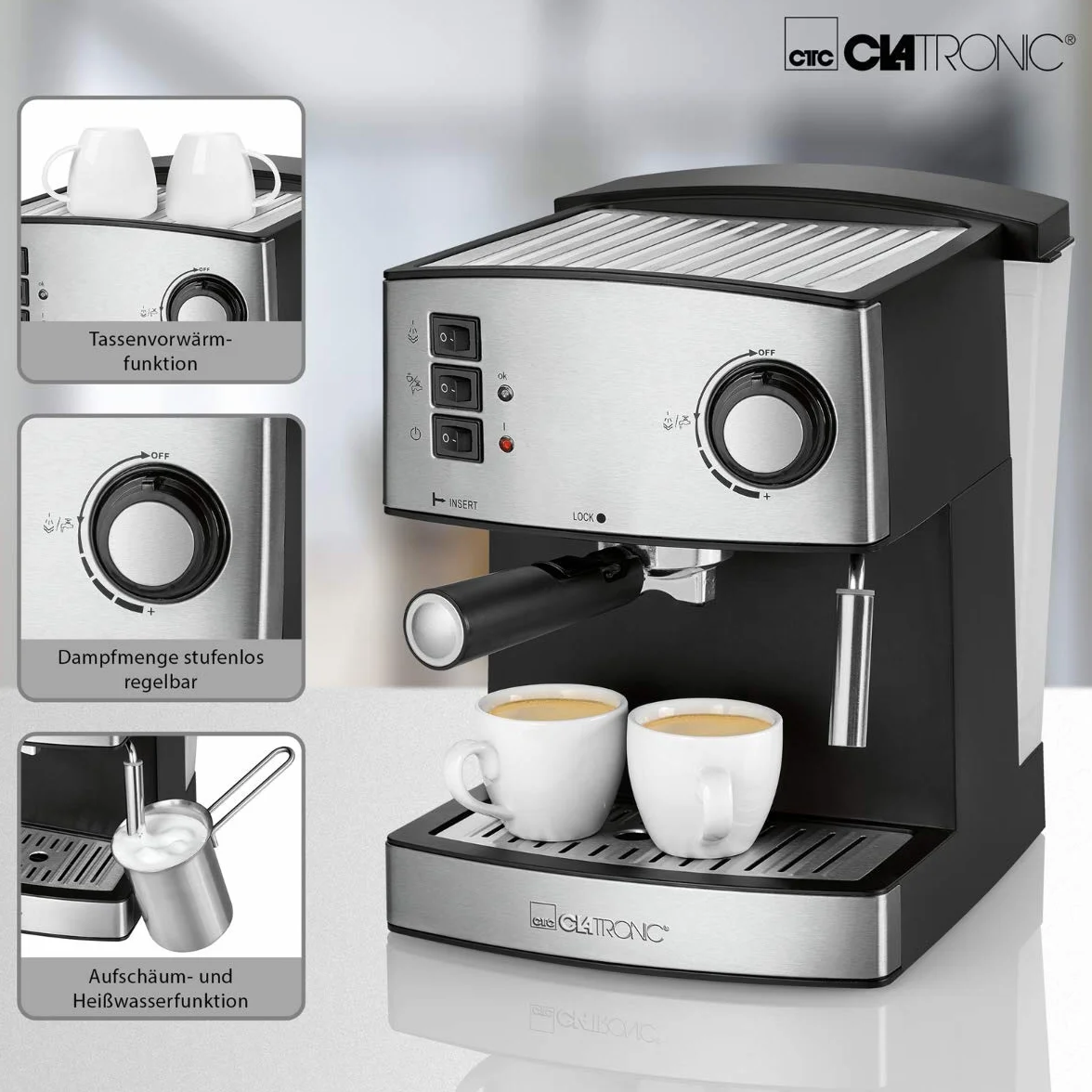 Clatronic ES 3643 ekspres do kawy i cappuccino, front ze stali nierdzewnej, ciśnienie pompy 15 bar, 1,6 litra, funkcja podgrzewania filiżanek, obrotowa dysza pary ze stali nierdzewnej z funkcją spieniania i gorącej wody