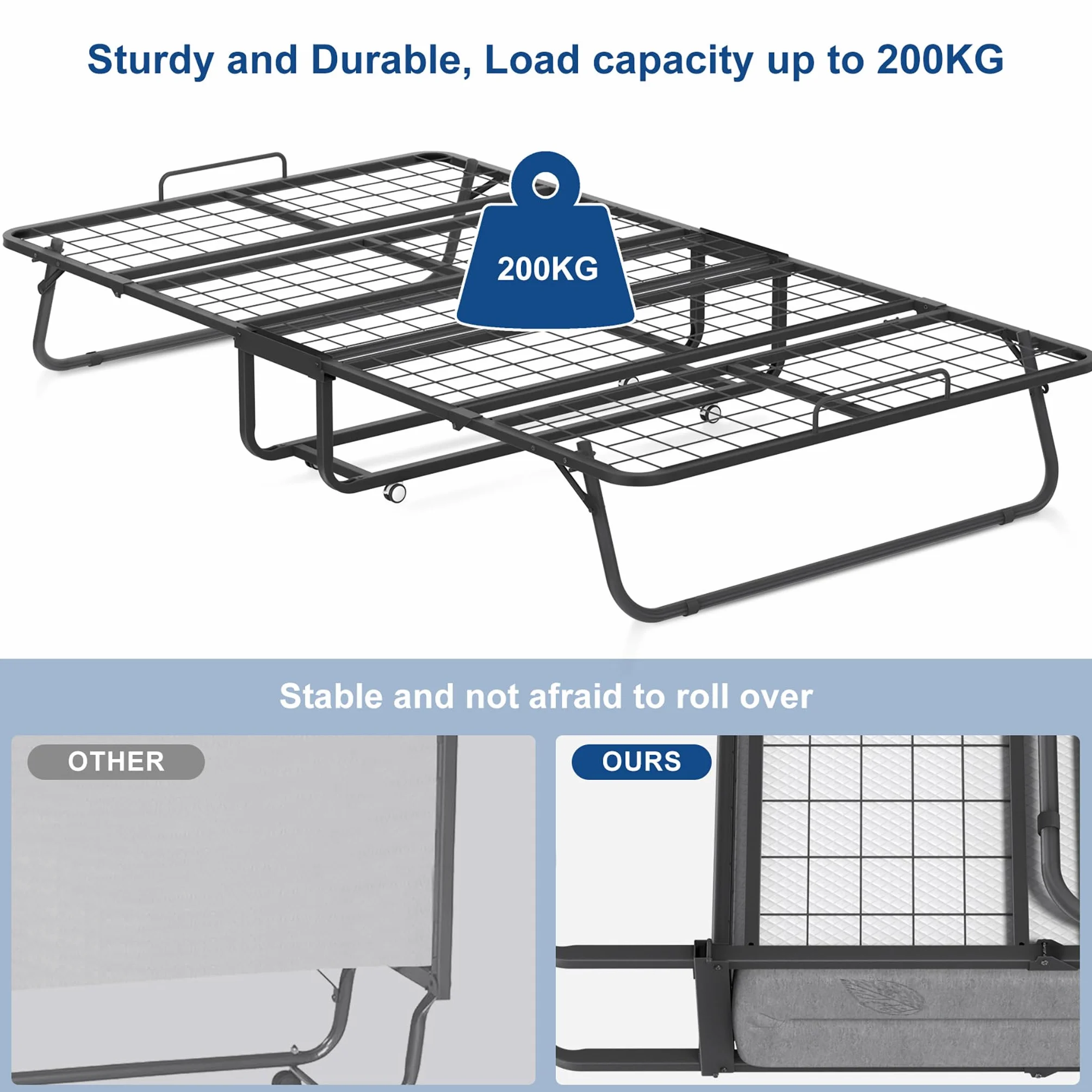 UISEBRT Łóżko Składane z Materacem 90 x 200 cm dla Gości, Metalowa Rama z Kółkami - dla Dorosłych, 13 cm Grubości, Nośność 200 kg