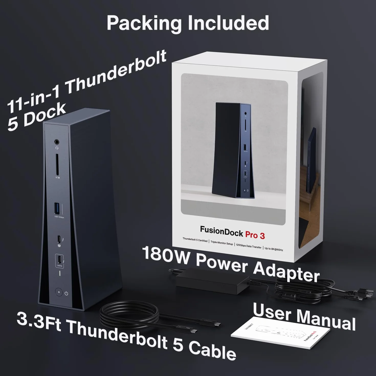 iVANKY Certyfikowana przez Intel pionowa stacja dokująca Thunderbolt 5 Dock, FusionDock Pro 3 Docking Station z podwójnym 6K@60Hz dla MacBook M/Pro/Max, Dual 8K@60Hz dla Windows TB5, 180W, 120 Gbit/s