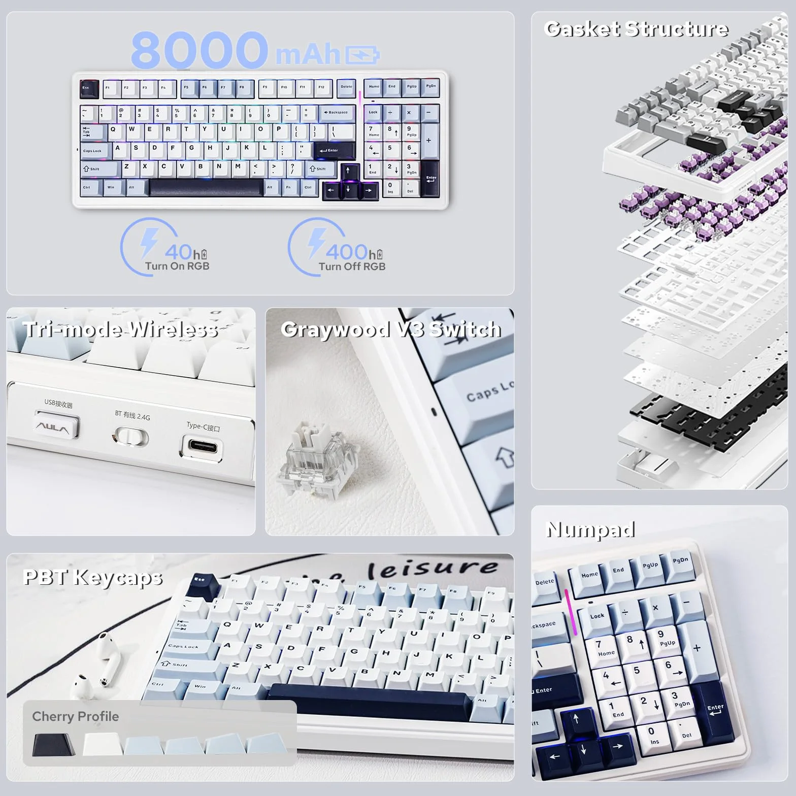 Aula F99 Bezprzewodowa klawiatura mechaniczna Gasket 8000 mAh Bluetooth RGB NKRO do gier