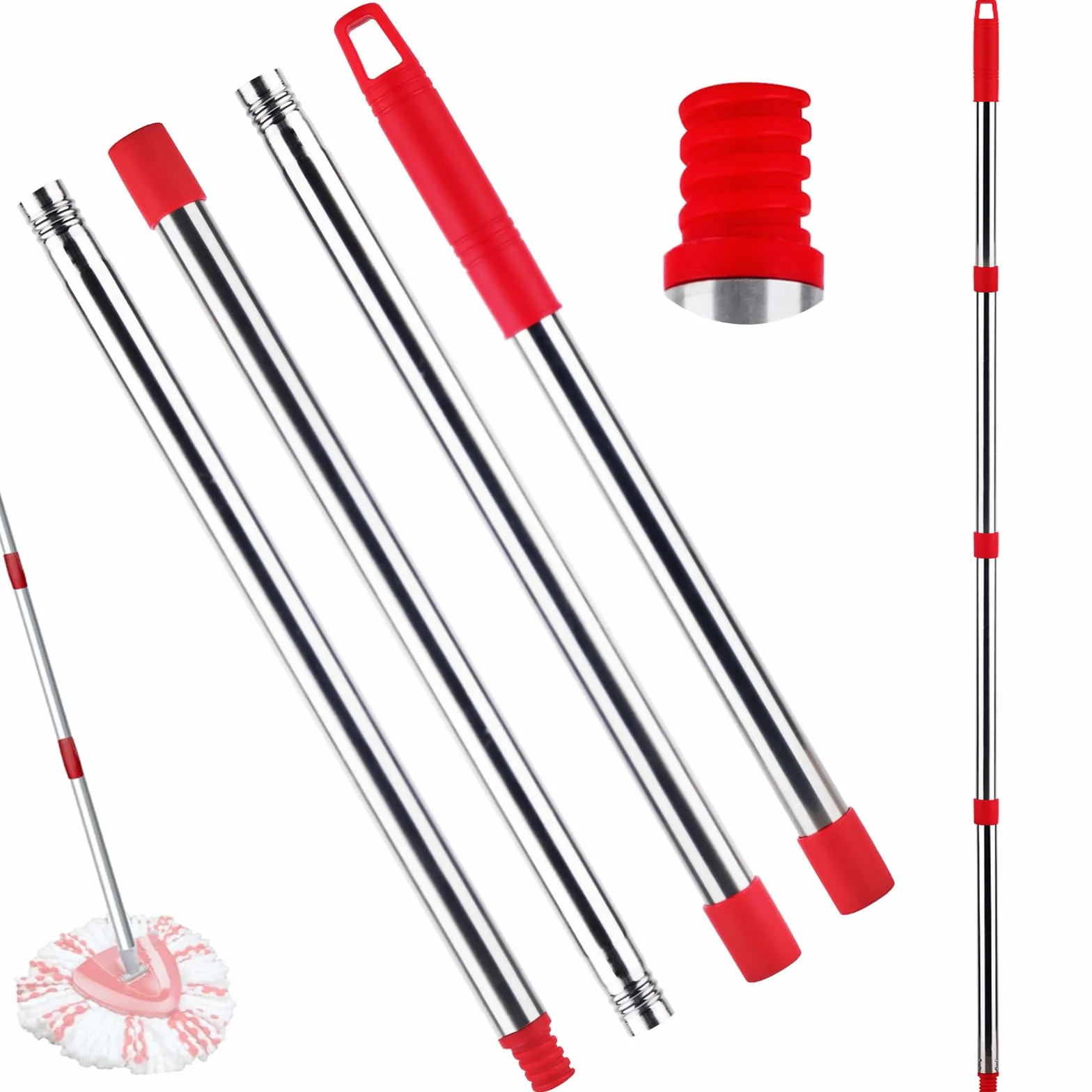 Mop zamienny uchwyt kompatybilny z Vileda Turbo Spin Mop, kij do wymiany mopa EasyWring, kij ze stali nierdzewnej, 4 sekcje od 12 cali do 58 cali długości