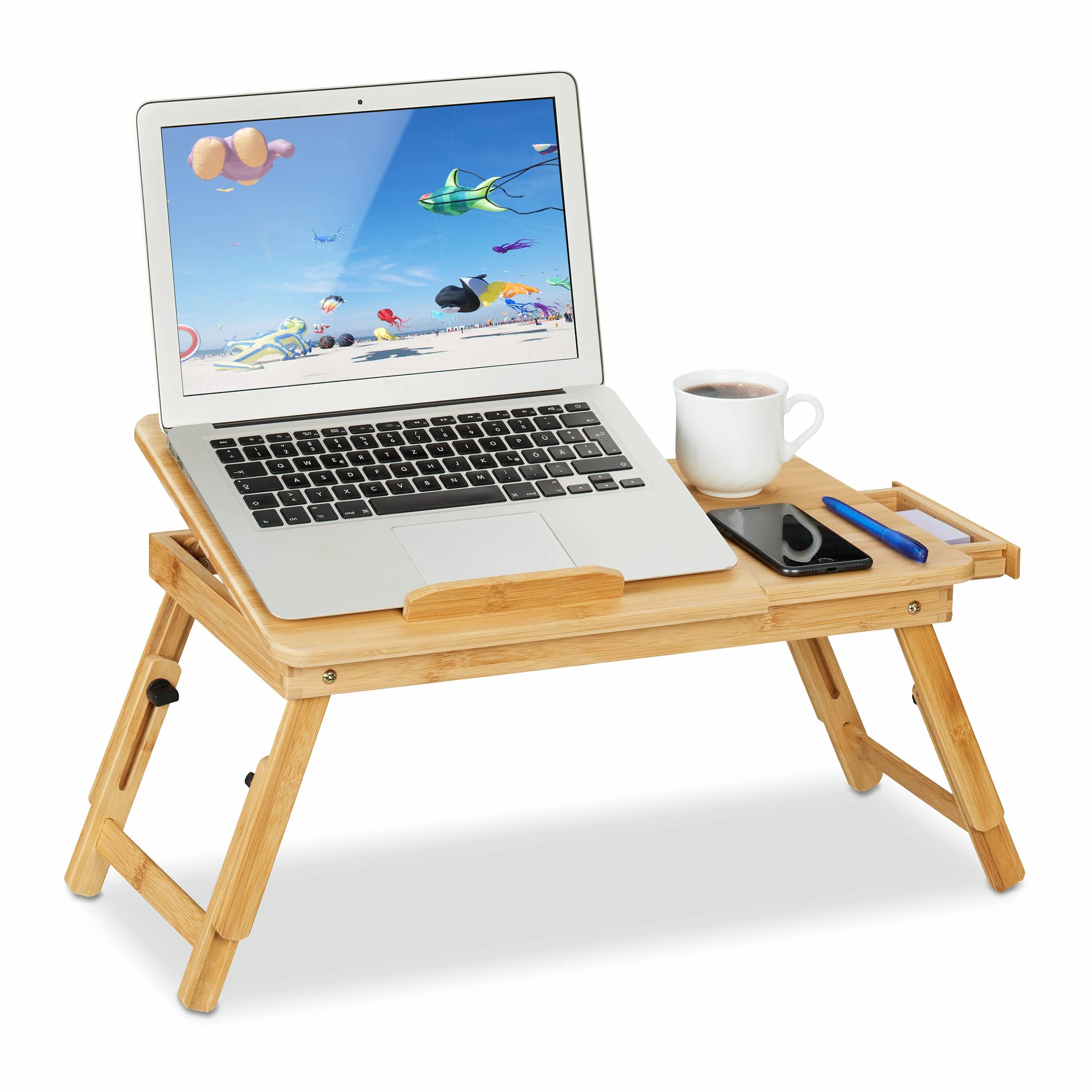 Relaxdays Stolik pod laptopa na kanapę, bambus, składany, z regulacją wysokości, pochylany blat stołu, szuflady, stolik do łóżka, naturalny