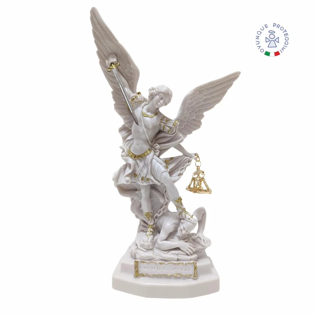 Statua Świętego Michała Archanioła Biały Marmur Proszek z Mieczem i Bilansem 22 cm