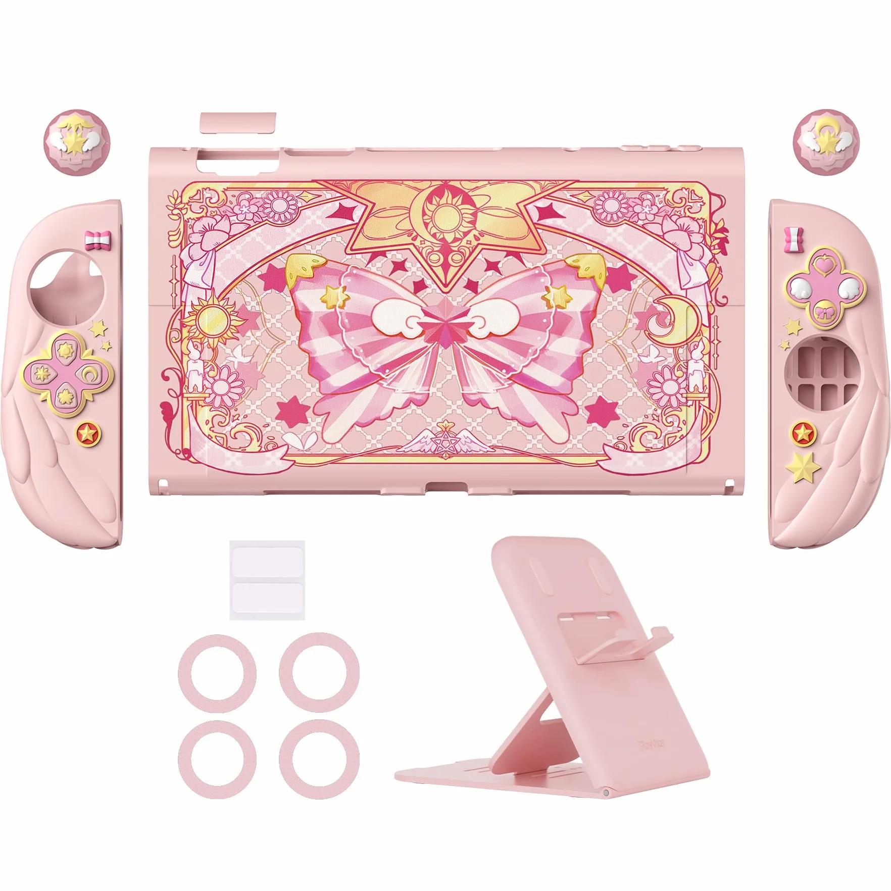 PlayVital Etui na Konsolę do Switch 2 Akcesorium z Silikonowymi Osłonami Joycon & Nakładkami na Joysticki do Switch 2,Dockowalne Ochronne-Różowe, Styl Magiczne Skrzydła