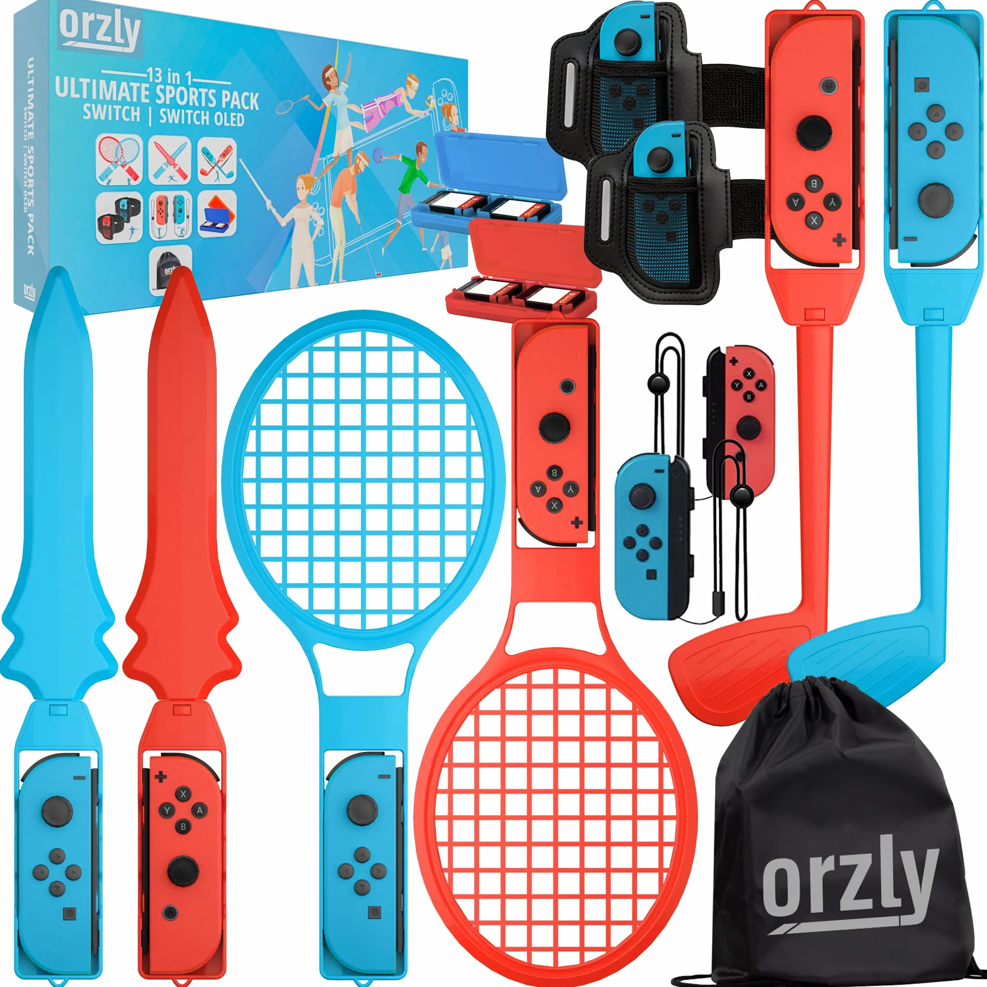 Zestaw akcesoriów Orzly Switch Sports Games 2024 kompatybilny z Nintendo Switch i Switch OLED z rakietami tenisowymi, kijami golfowymi, mieczami Chambara i uchwytami Joy Con Grips