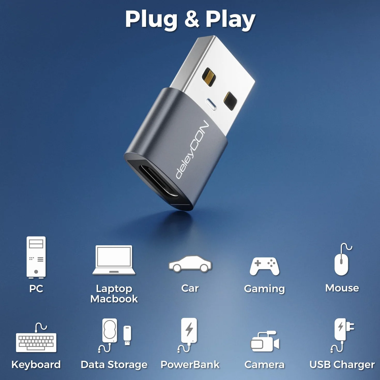 deleyCON Adapter USB-C (3 Szt.) - Gniazdo USB-C do Wtyku USB-A - do iPhone 17/16/15, iPad, Galaxy S25/S24/S23, A56, A16, Laptopa, Notebooka, CarPlay, ładowarki itp.