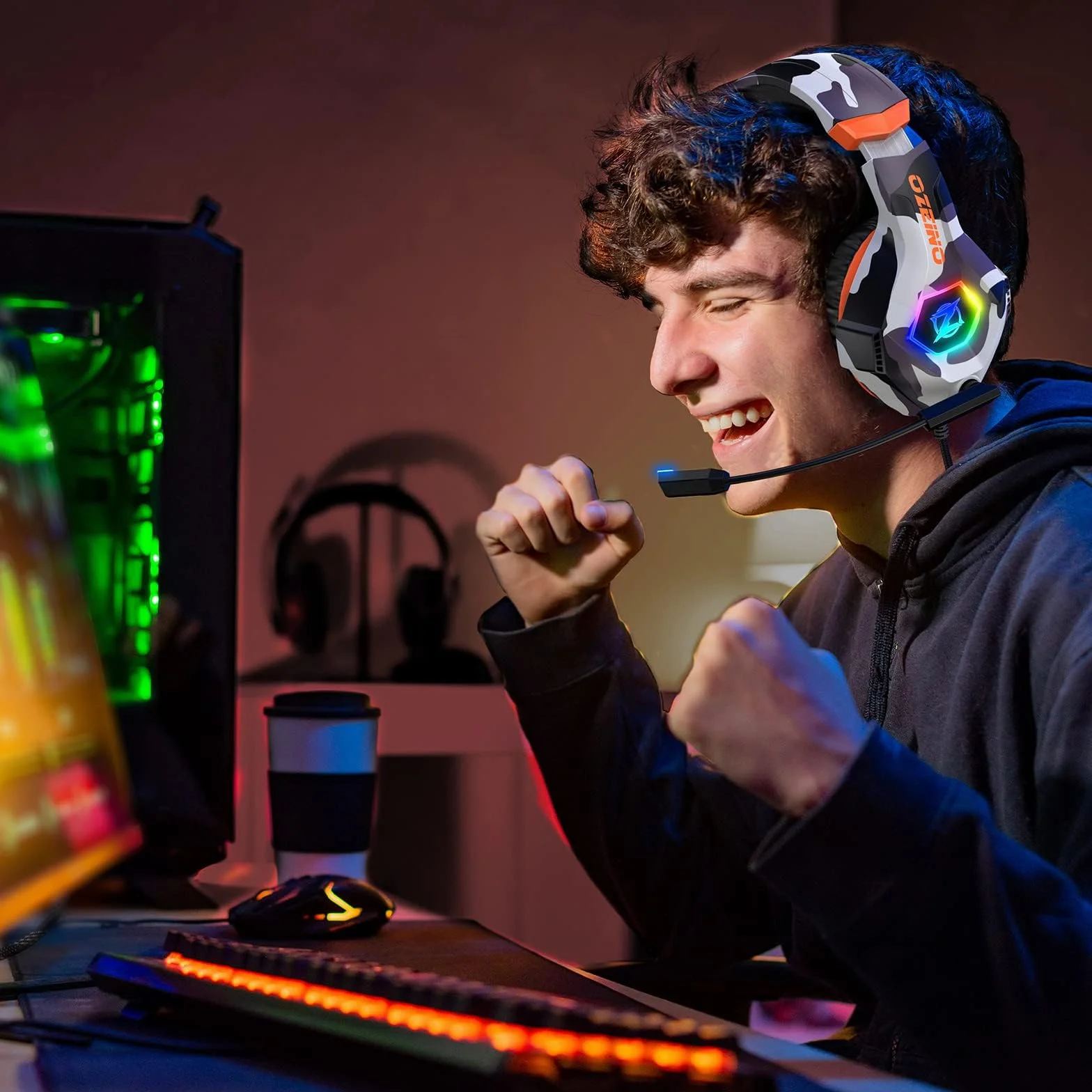 Ozeino Zestaw Słuchawkowy do Gier PS4 PS5 PC Xbox Switch, Słuchawki Nauszne z Dźwiękiem Przestrzennym i Światłem RGB