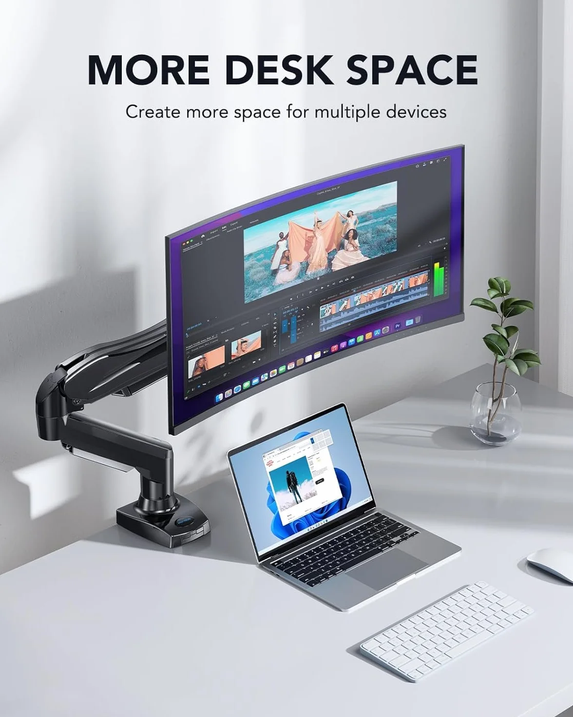 HUANUO Stojak na monitor PC, obracany o 360°, ramię monitora PC do zakrzywionych ekranów o przekątnej od 17 do 30 cali, stojak na monitor ze sprężyną gazową, VESA 75 x 75/100 x 100 mm