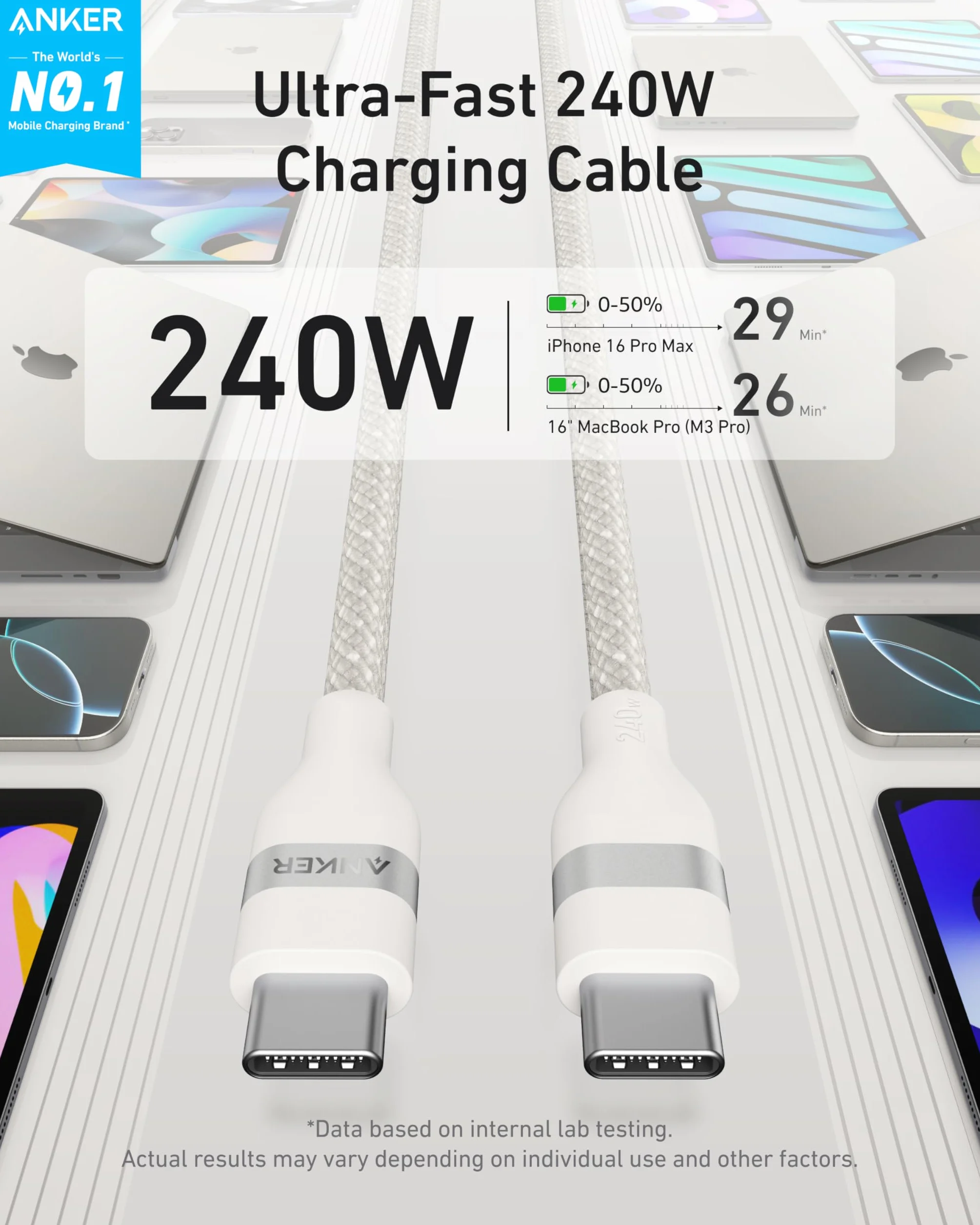 Anker USB C do USB C, 240 W Kabel do Szybkiego Ładowania, Pleciony Upcycle, Typ C dla iPhone 16/16 Pro/16 Plus/16 Pro Max, MacBook Pro, iPad Pro, iPad Air 4, Galaxy S24 i Więcej (Czarny, 0,9 m)
