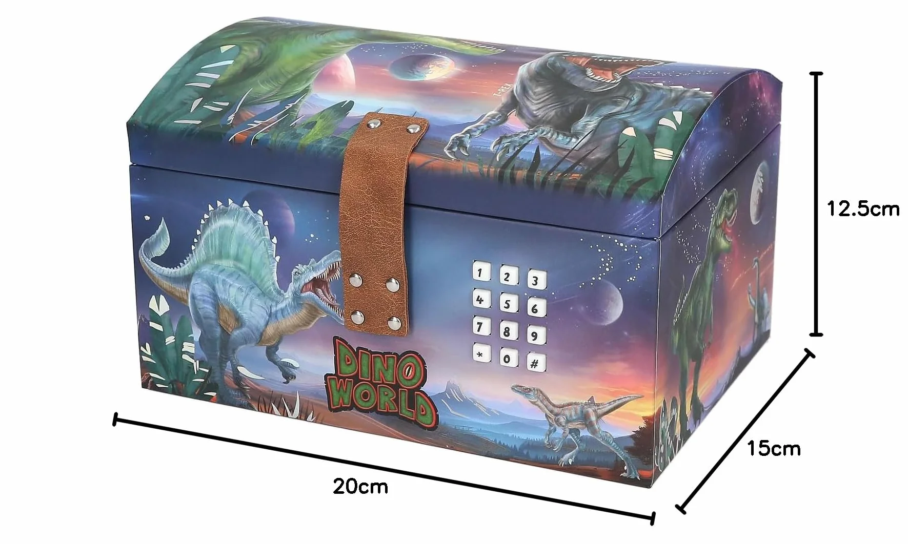 Depesche 13441 Dino World - skrzynia na skarby w kształcie dinozaura z planetami, schowek z kodem, dźwiękiem i światłem