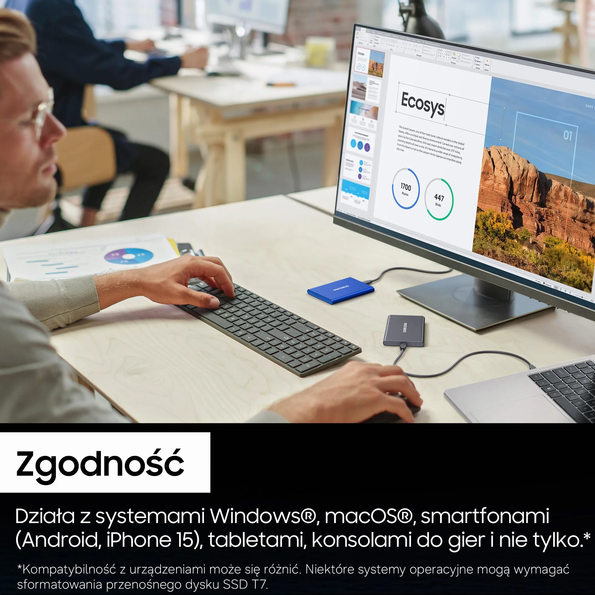 Przenośny dysk SSD Samsung T7, 2 TB, USB 3.2 Gen 2, odczyt 1050 MB/s, zapis 1000 MB/s, zewnętrzny SSD do iPhone'a 15+, komputerów Mac i PC, smartfonów i konsol do gier, niebieski, MU-PC2T0H/WW